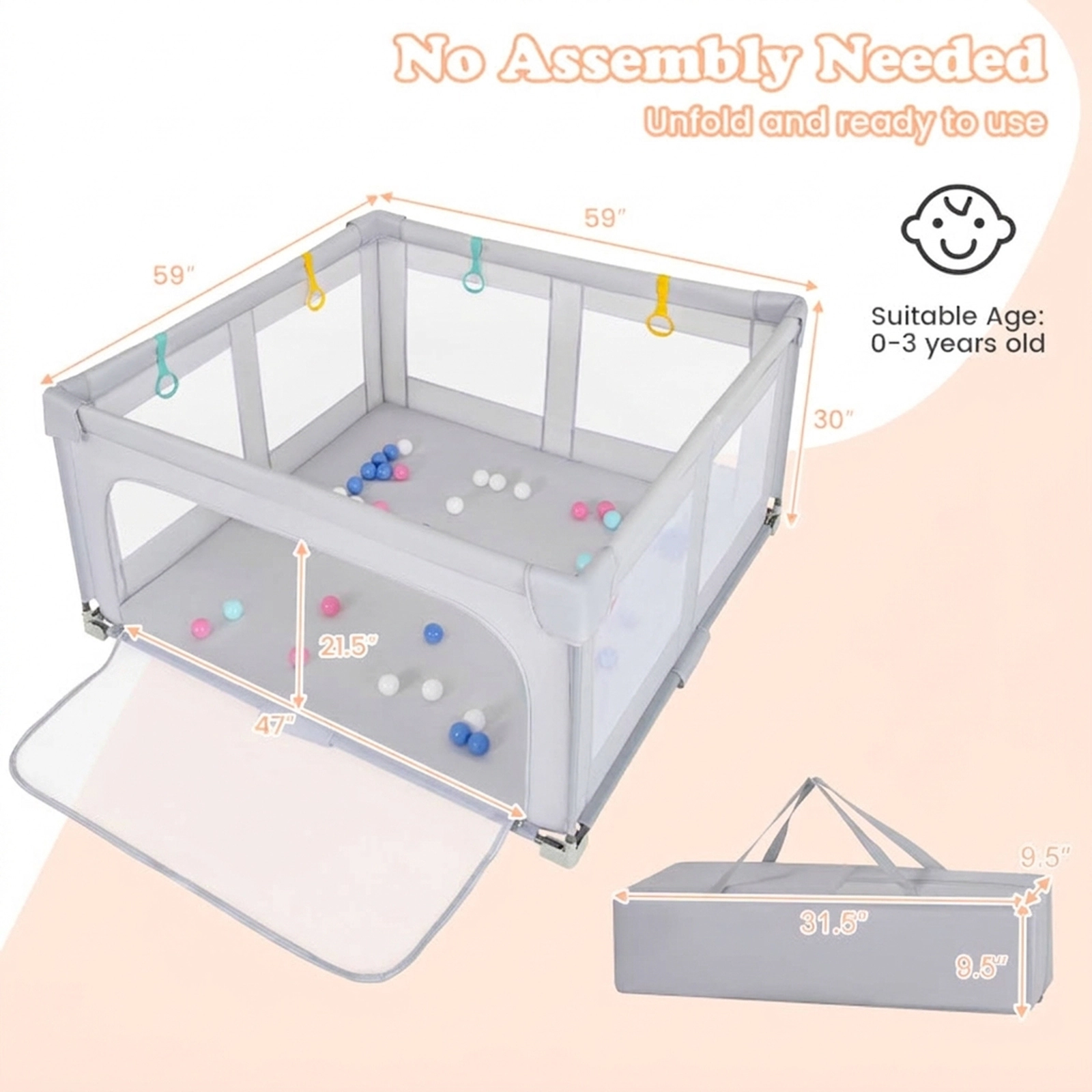 SUGIFT Baby Foam Padded Joints Zipper Gate Mesh Foldable Large Square Playard 59-in x 59-in x 30-in Ages 0-3 Gray