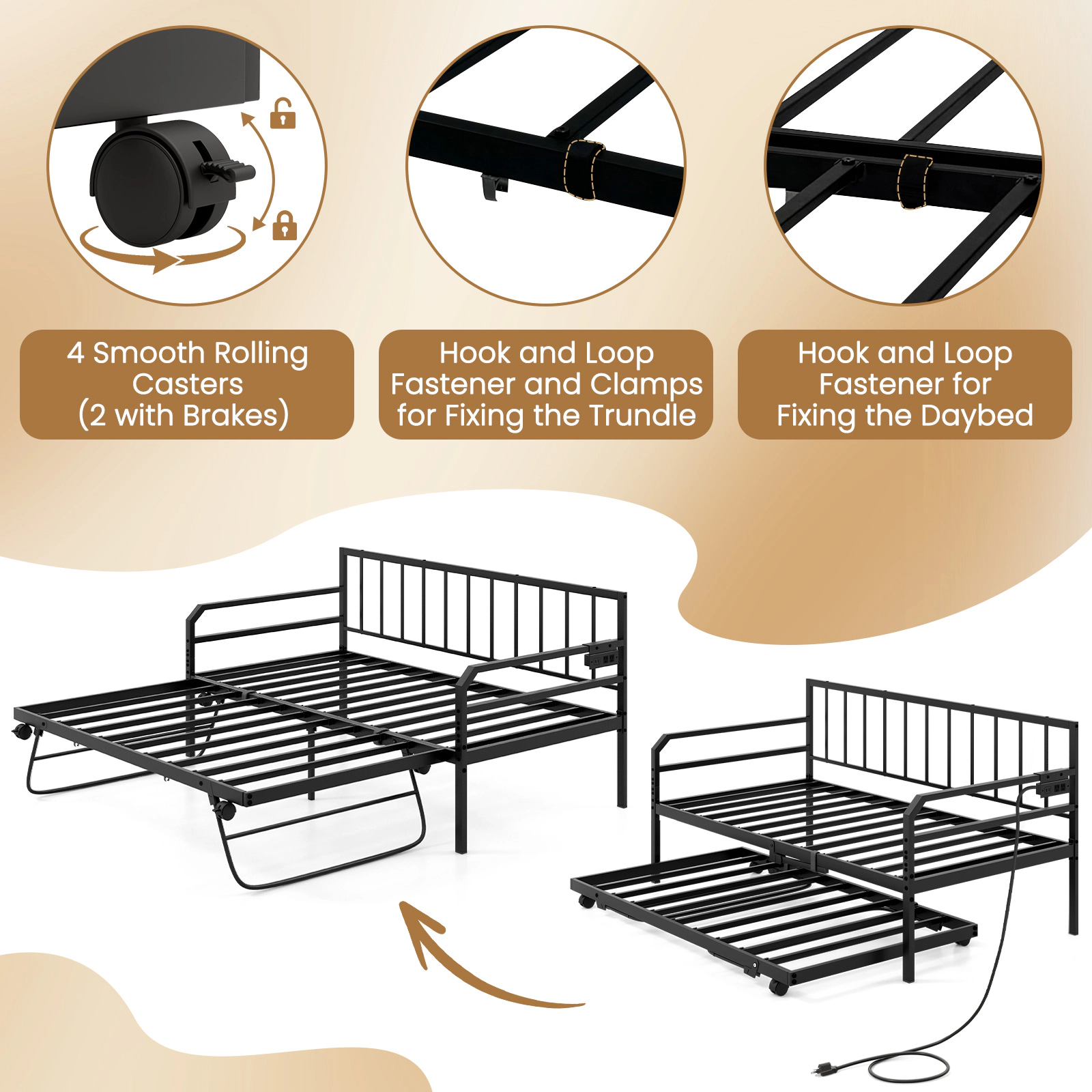 SUGIFT Adjustable Metal Twin Daybed Black with Pop Up Trundle Charging Station and LED
