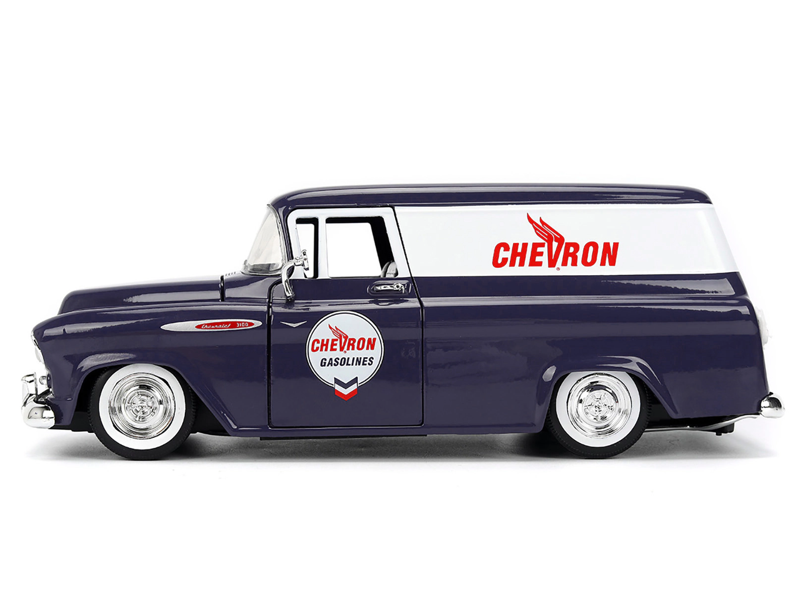 Jada Collectible 1957 Chevrolet Suburban "Chevron" Dark Blue With White Stripes And Gas Pump "Just Trucks" Series