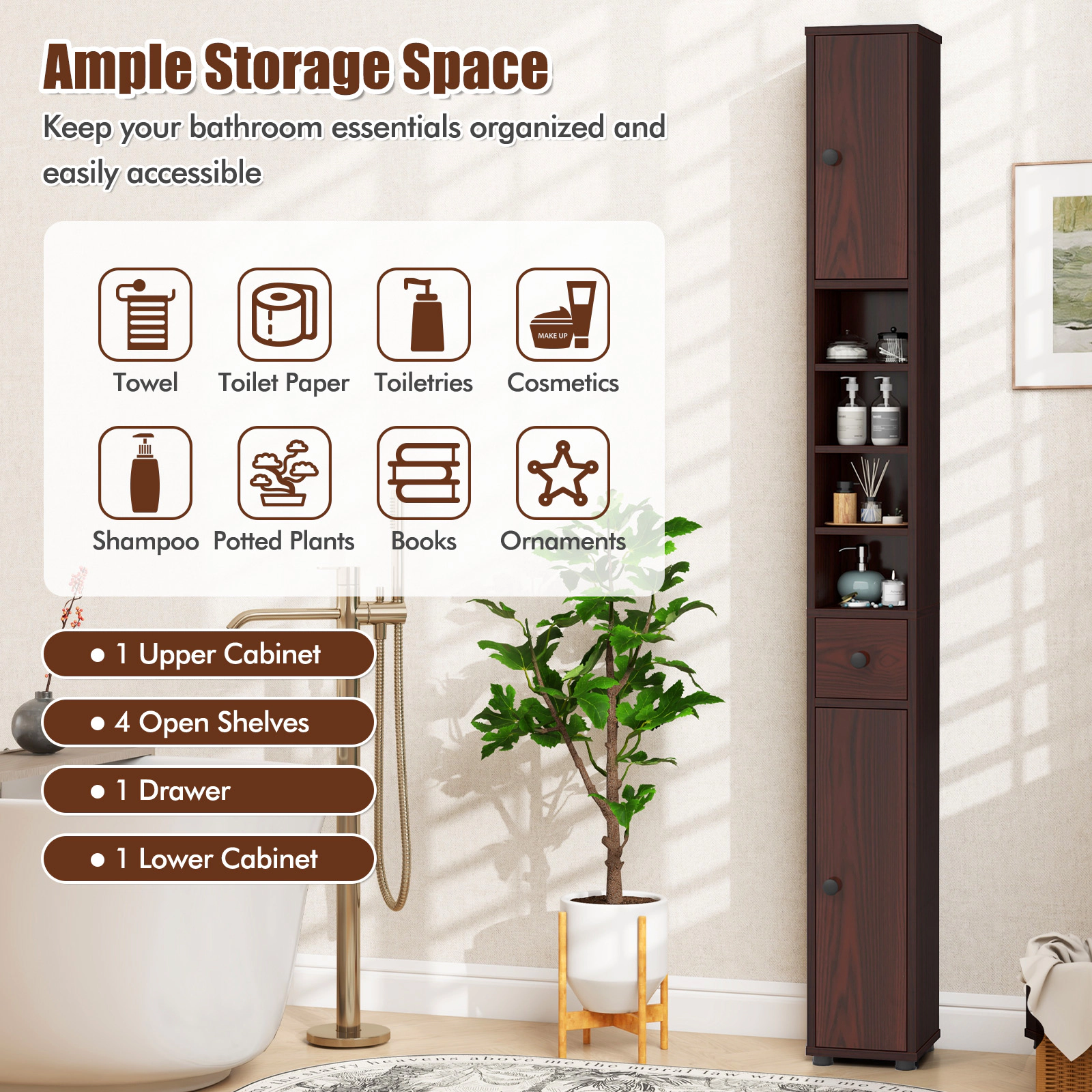 SUGIFT Brown 110-lb Capacity 8-in Slim Freestanding Bathroom Storage Cabinet with Drawer and 5 Adjustable Shelves