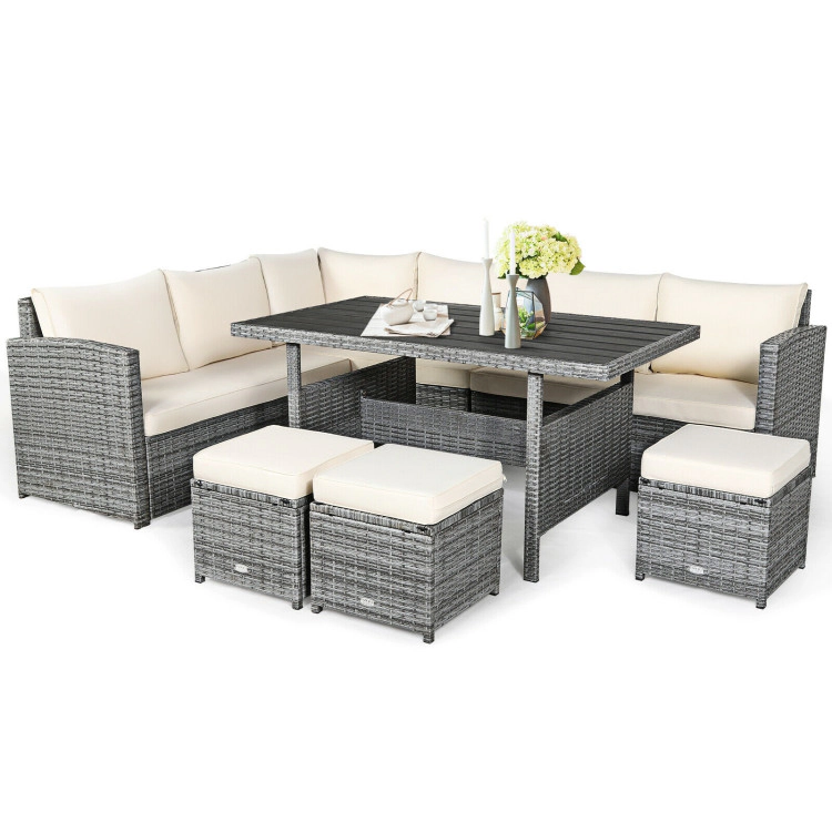 Hivvago 7 Pieces Patio Rattan Dining Furniture Sectional Sofa Set With Wicker Ottoman