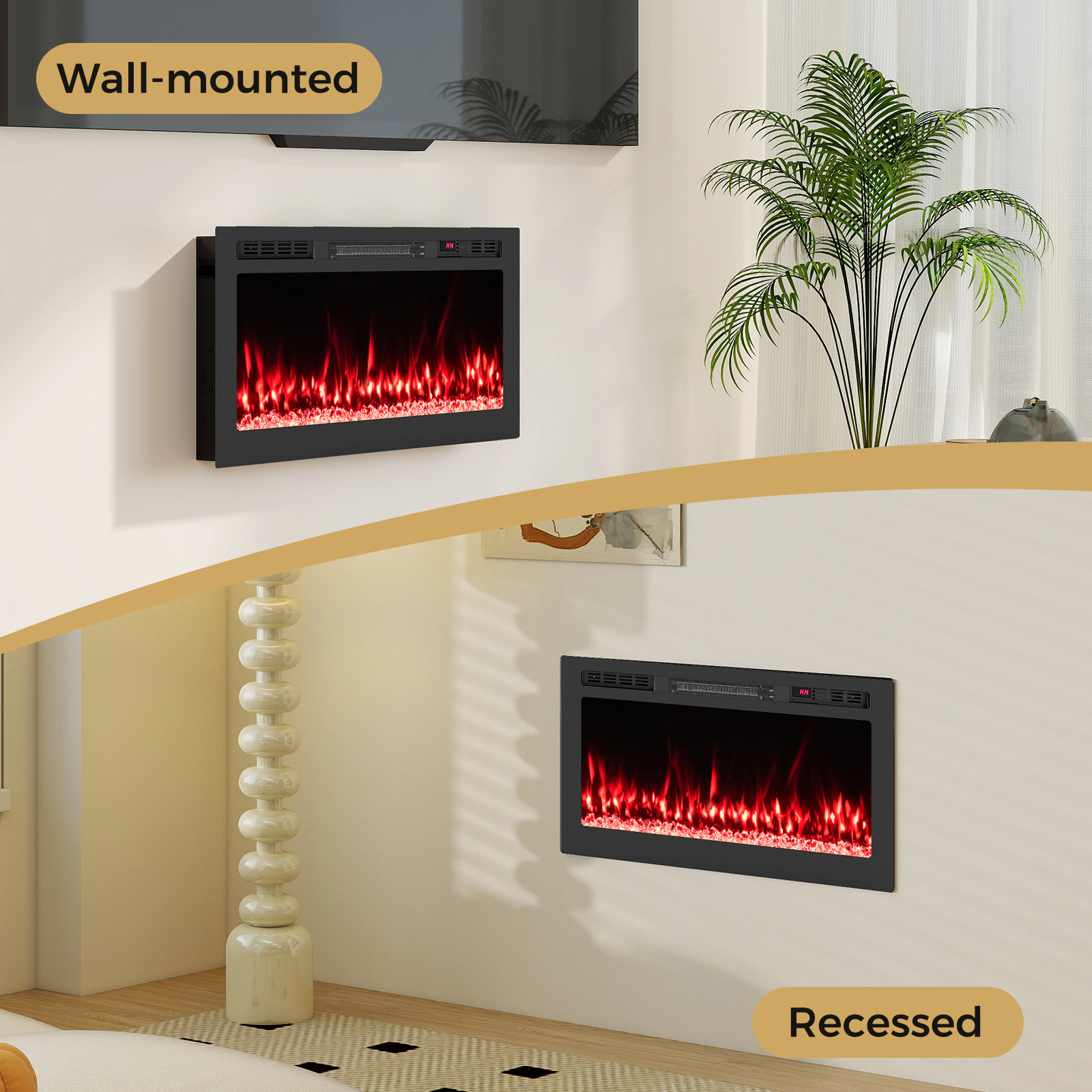 SUGIFT 36-Inch Recessed Electric Fireplace with Wi-Fi App Control and Remote Black