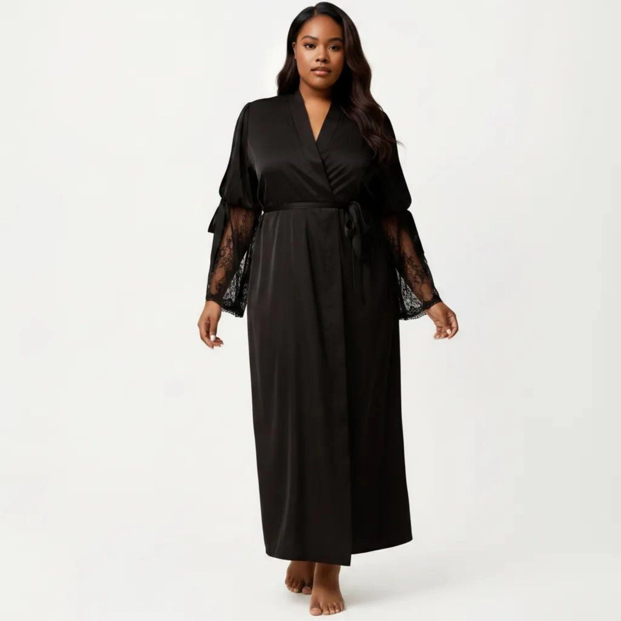 Anna-Kaci Women's Plus Long Satin Robe Lace Sleeve Wrap Nightgown Belted Kimono Sleepwear
