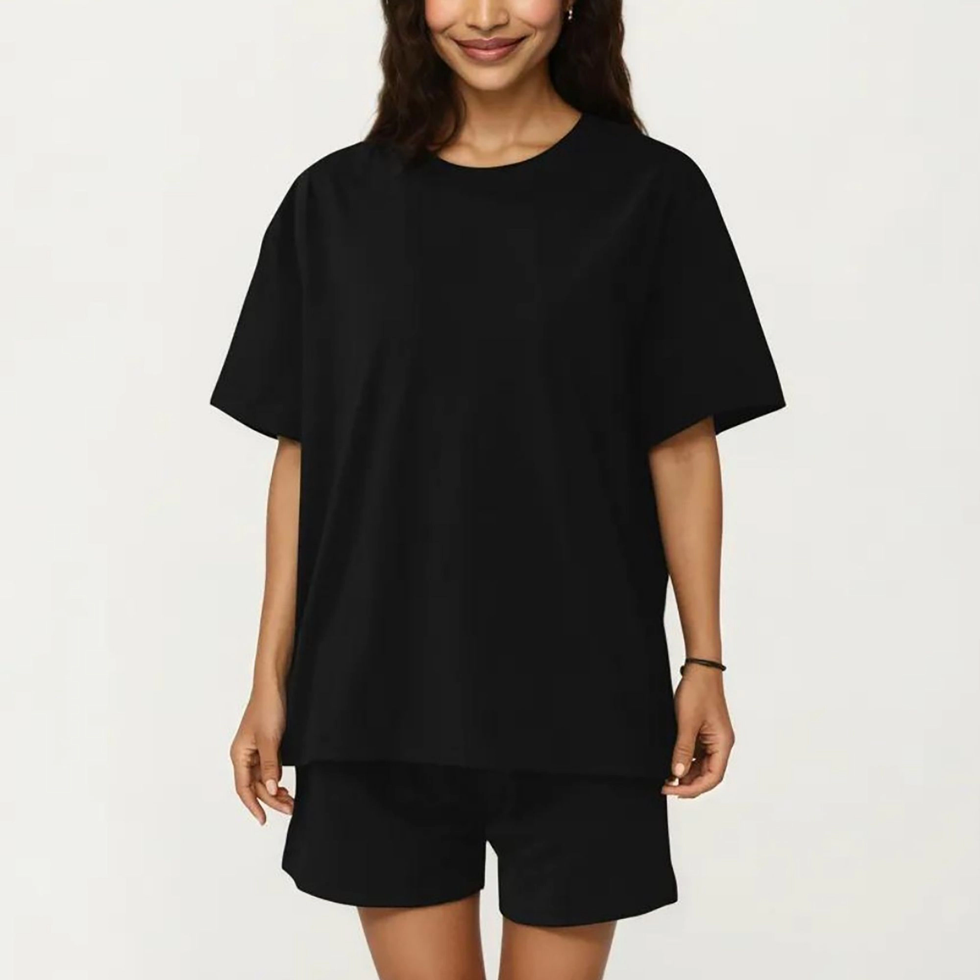 Anna-Kaci Women's 2-Piece Oversized Short Sleeve Crew Neck Pajama Top with Relaxed Fit Shorts Sleepwear Set