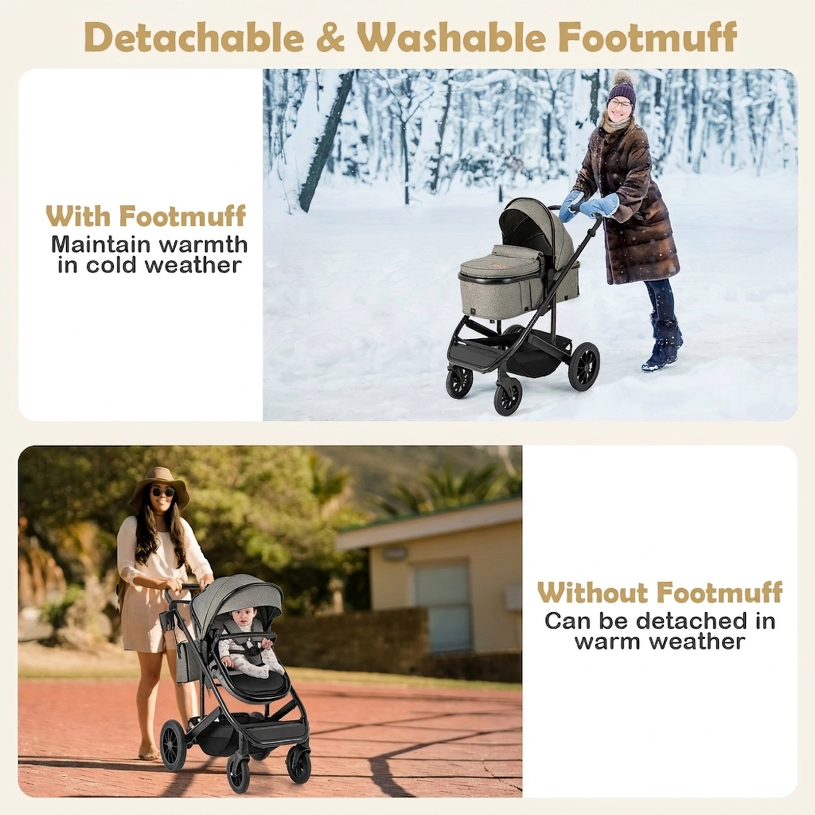SUGIFT Baby Gray 3-in-1 Folding Stroller with Detachable Bassinet and Diaper Bag 38-in W 48-lb Seat Capacity