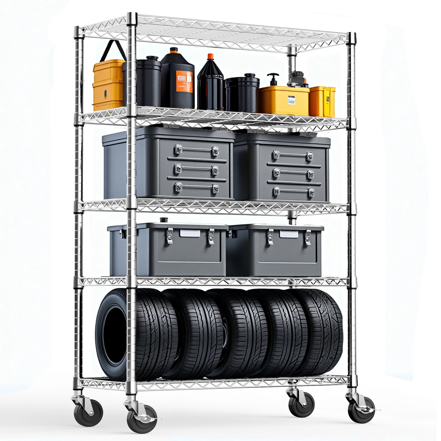 Flynama 5-Tier Chrome Mobile Shelving Unit, 47.2x17.7x76.7in, Adjustable Steel Rack with Wheels for Home and Garage