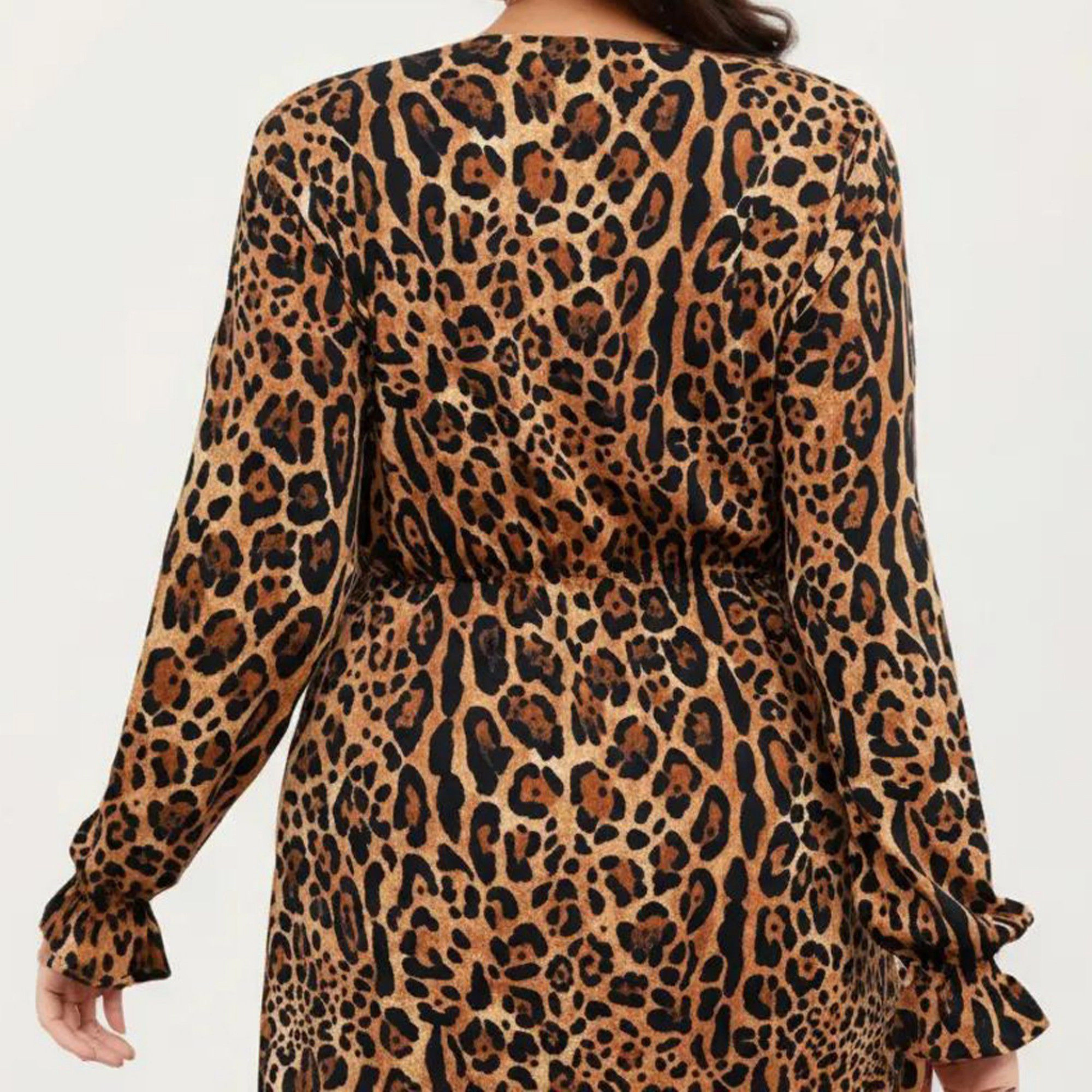 Anna-Kaci Women's Long Sleeve Leopard Print V Neck Elastic Waist Flowy A Line Fit Casual Midi Dress