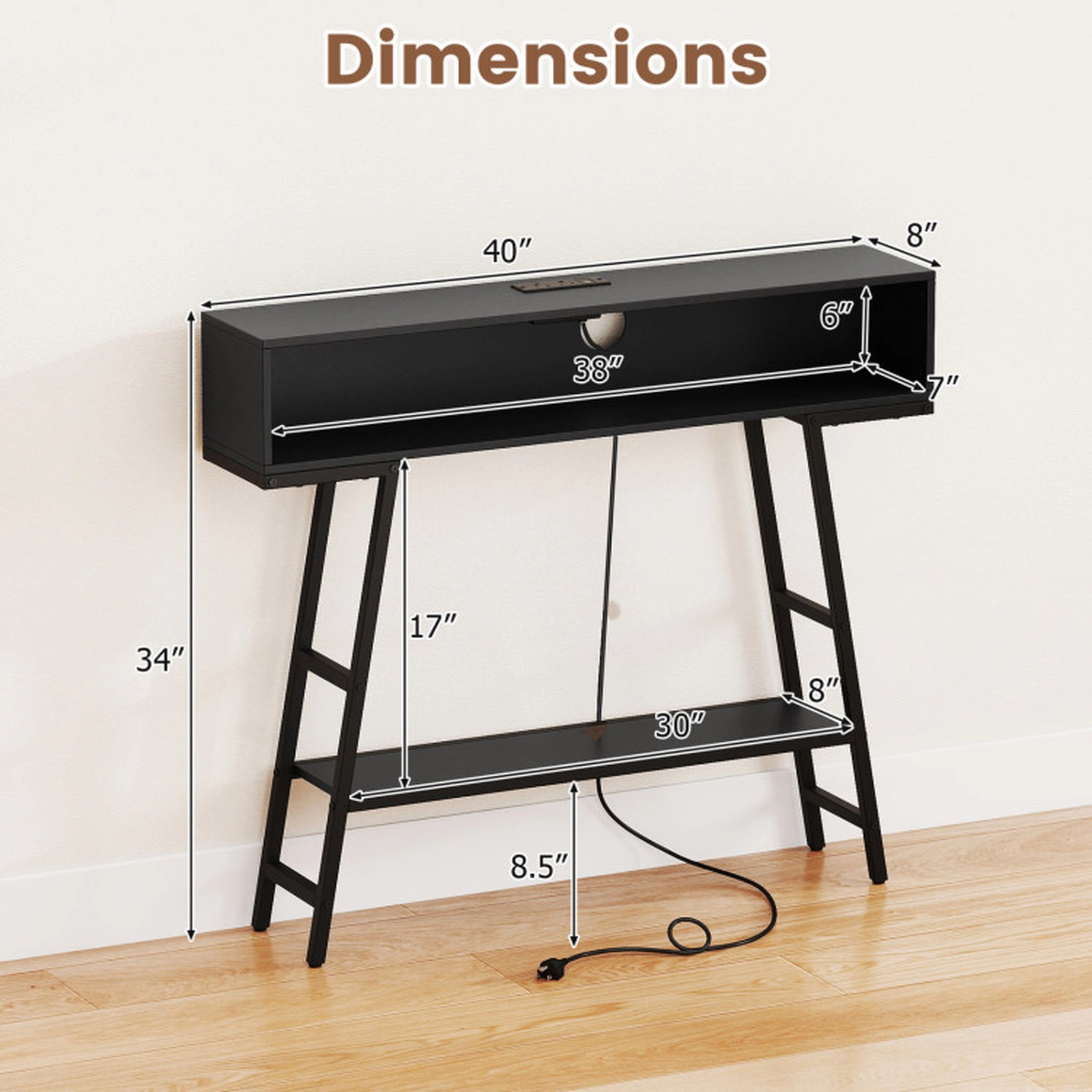 SUGIFT 40-in 8-in Narrow 45-lb Capacity Black Console Table with 2 AC Outlets USB Ports and LED Lights