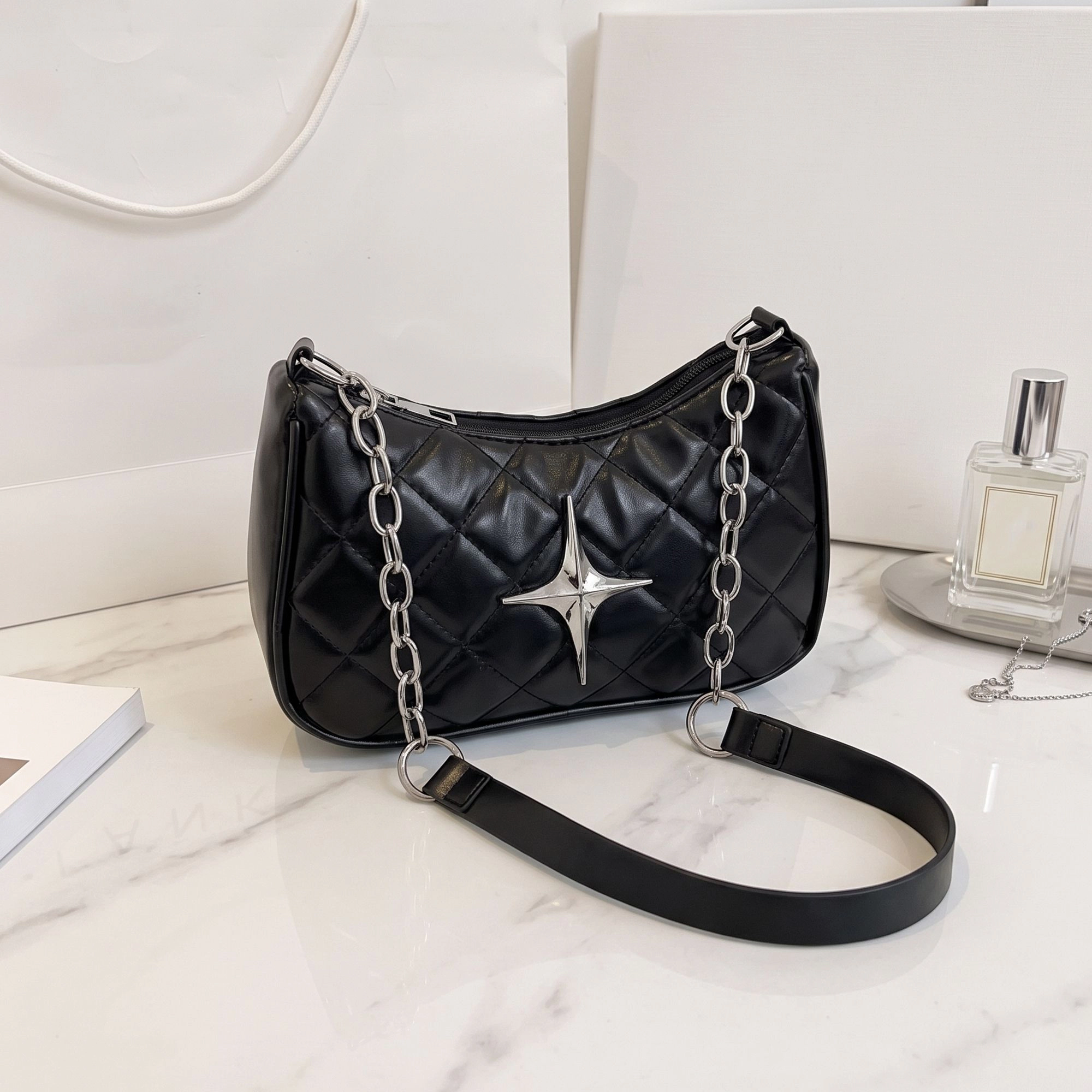 Alilang Women's Quilted Shoulder Bag with Chain Strap and Star Accent, White