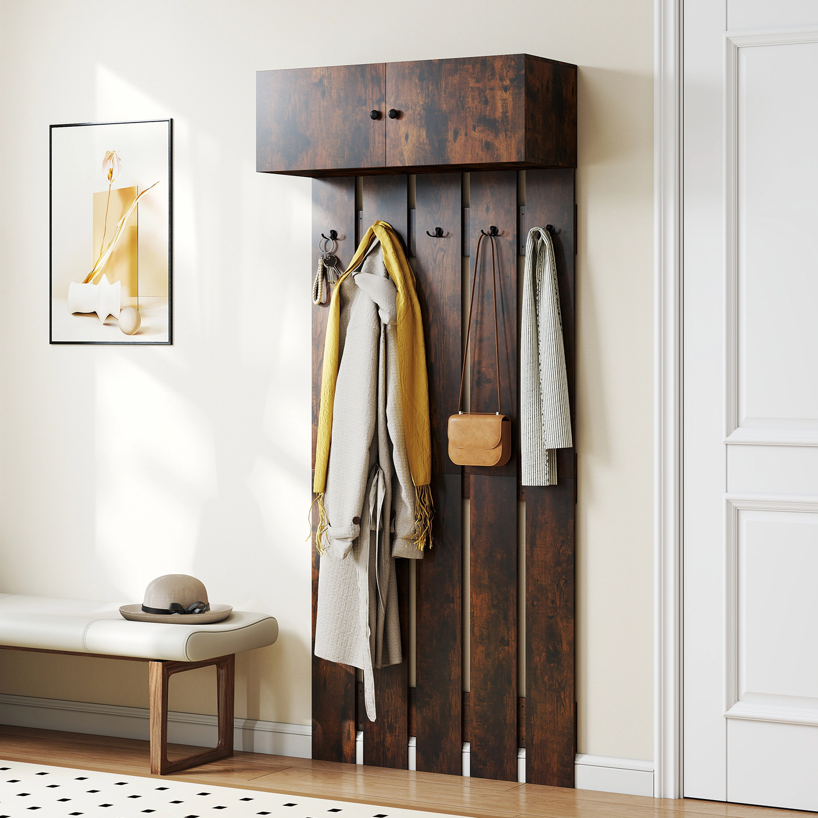 SUGIFT Entryway Wall Mounted Coat Rack with Upper Cabinet and 5 Metal Hooks