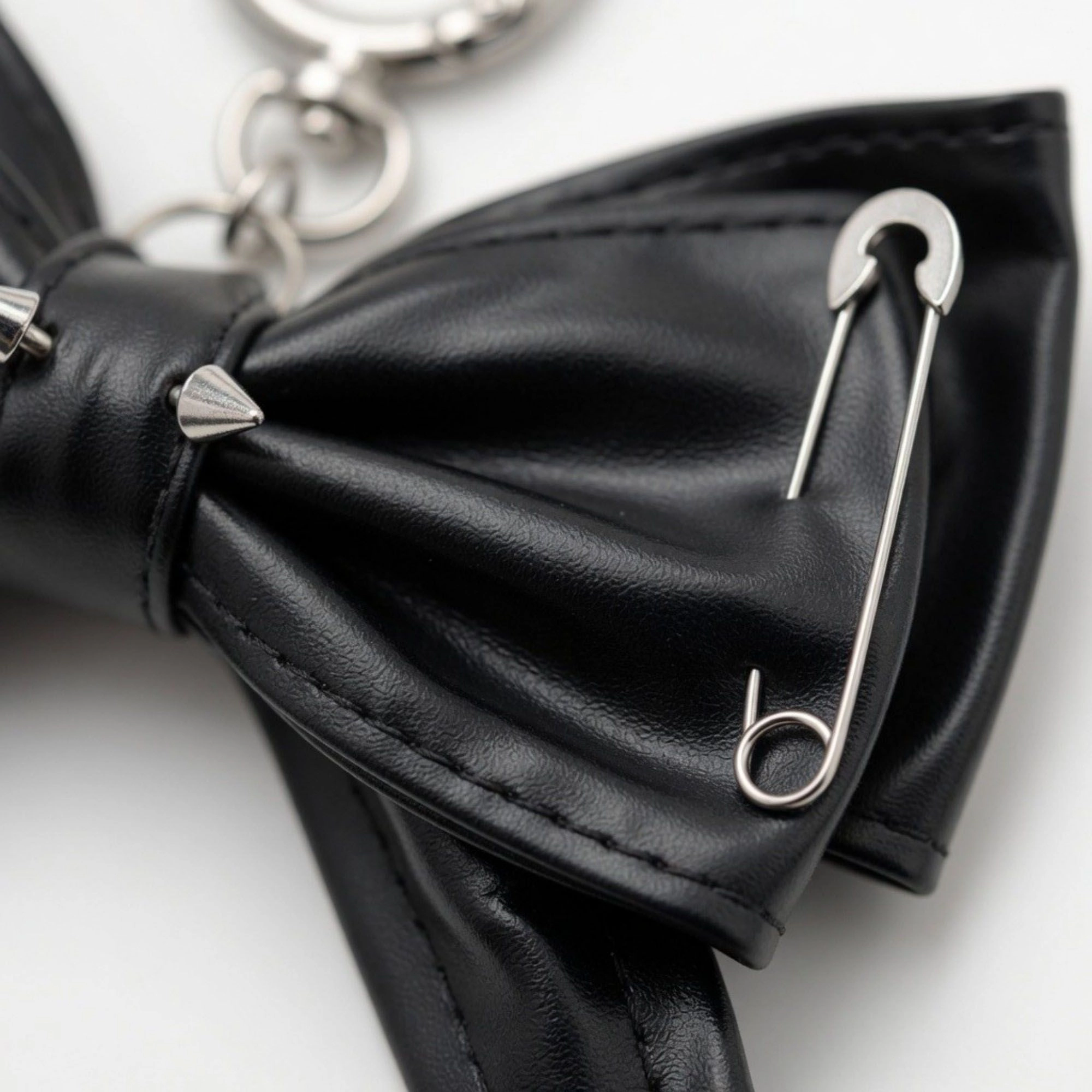 Alilang Women's Faux Leather Bow Keychain with Safety Pin Stud Detail Oversized Bow Bag Charm Key Ring Accessory