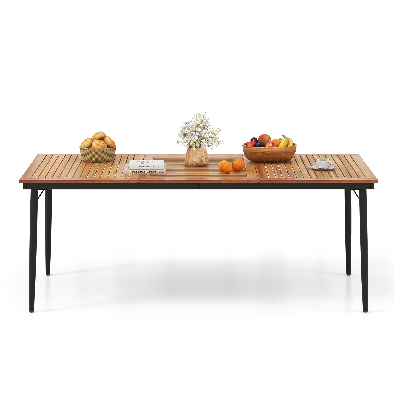 SUGIFT 79-in Acacia Wood Outdoor Dining Table for 8 with 1.9-in Umbrella Hole Natural & Black