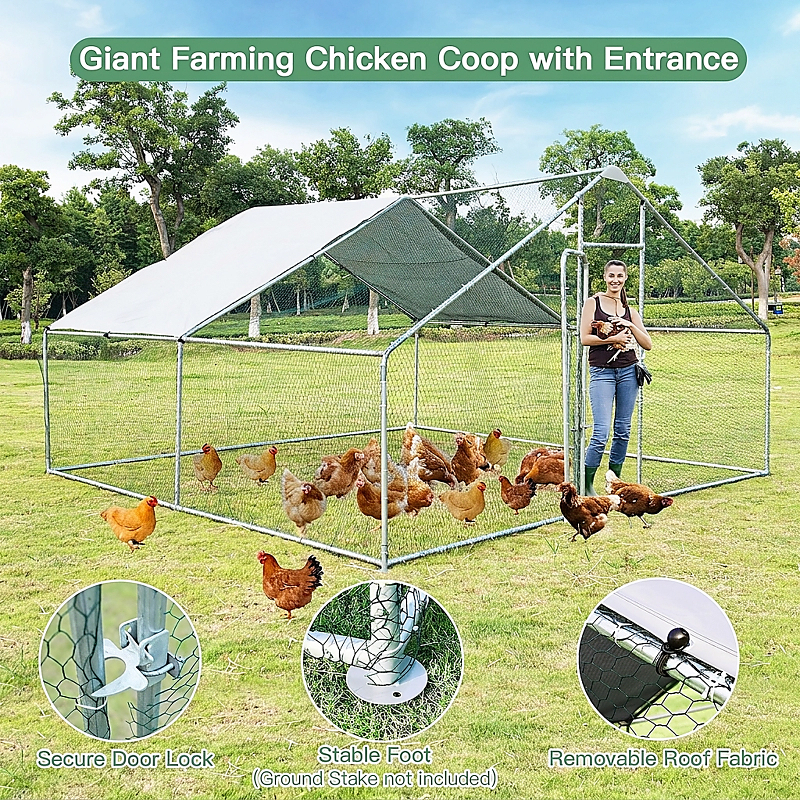 SUGIFT 13-ft x 13-ft Silver Walk-in Chicken Coop with Waterproof Cover Steel Frame and Lockable Latch