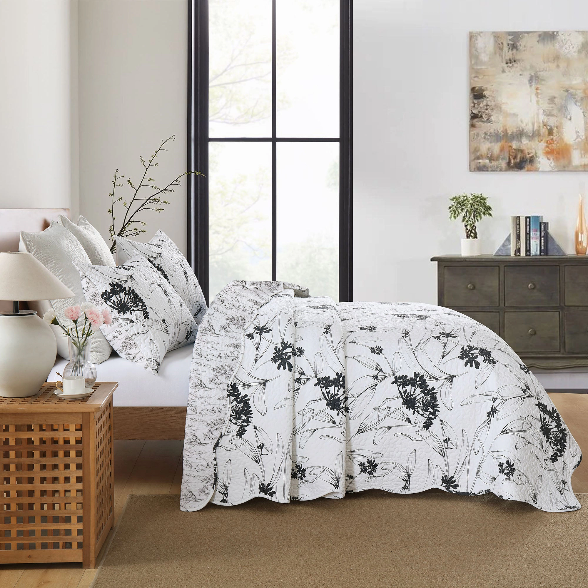 MarCielo 3 Pieces Polyester Black and White Botanical Floral Quilt Bedspread Set