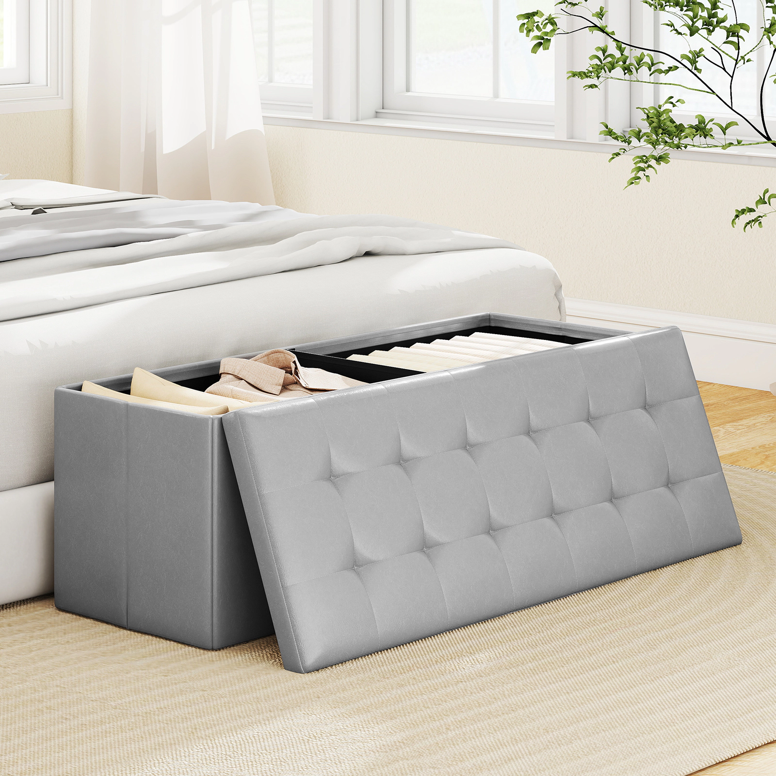 SUGIFT 43-in Folding Storage Ottoman Bench Foot Rest Stool with 550-lb Capacity 38-Gallon Storage 43 x 15 x 15 in Gray