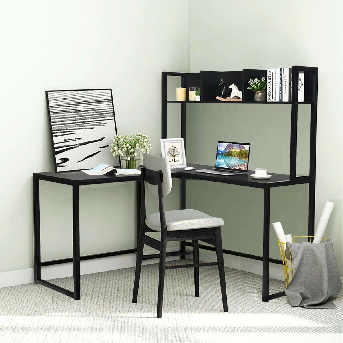 SlickBlue L-Shaped Computer Desk With Storage Hutch, 55 Inch