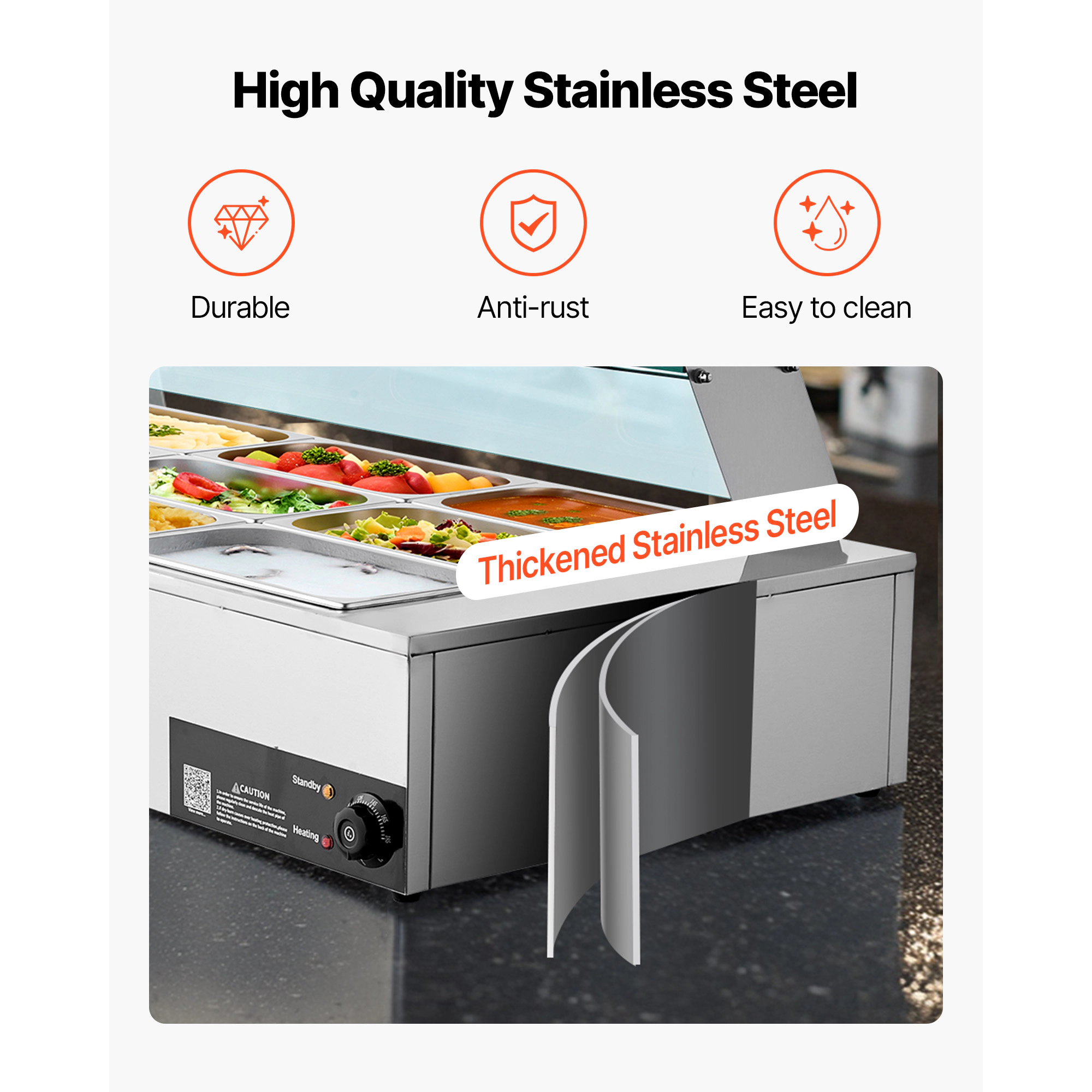 HONGGE Commercial Food Warmer Electric Stainless Steel Steam Food Warmer with Glass Cover Countertop Buffet Bain Marie