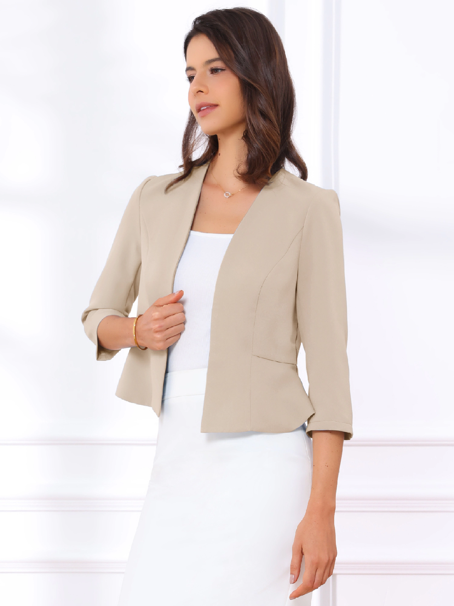 INSPIRE CHIC Women's Open Front Collarless 3/4 Sleeve Peplum Business Work Suit Blazer