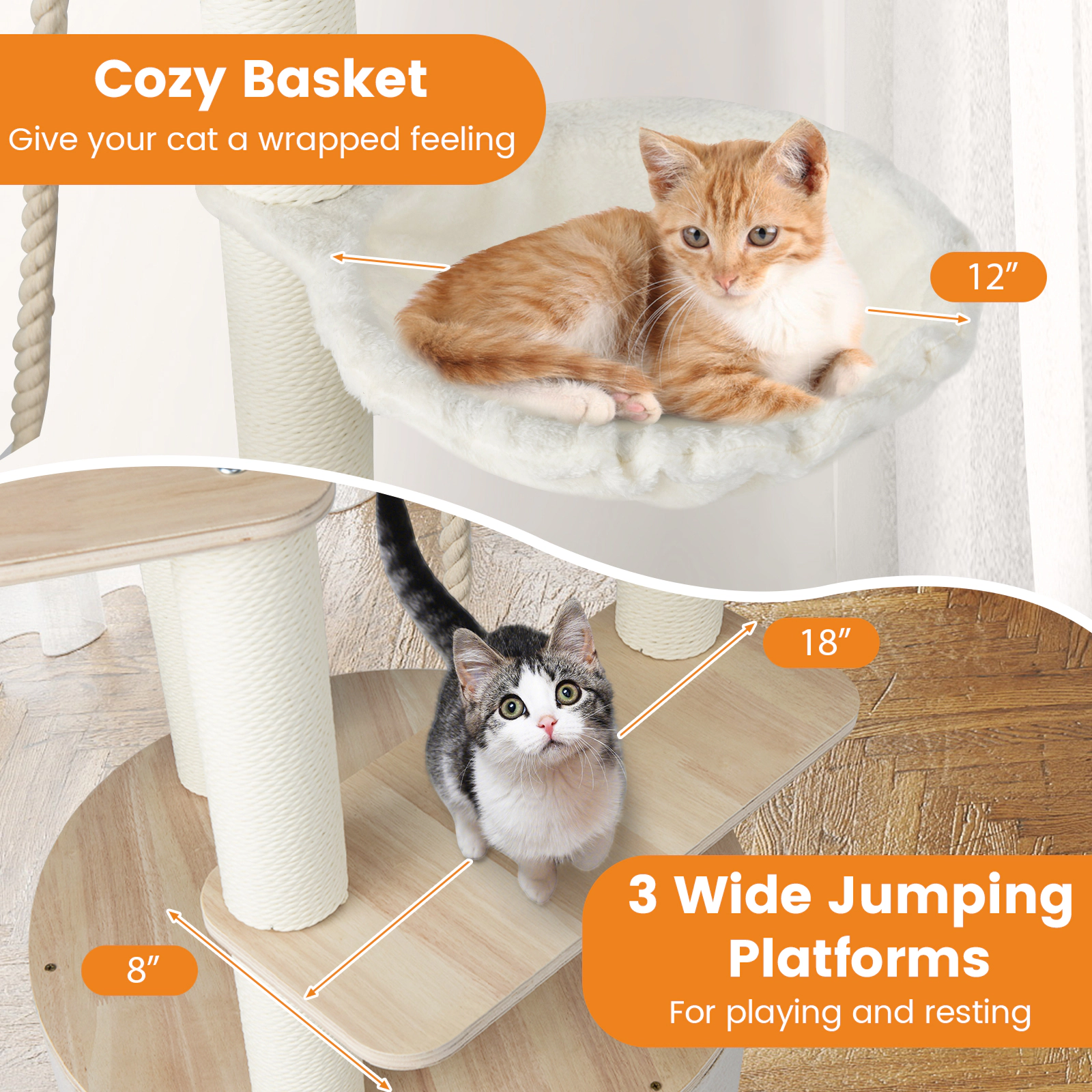 SUGIFT 55.5-in Natural Wooden Cat Tree with Top-Hole Condo Curved Perch Basket and 3 Washable Platforms
