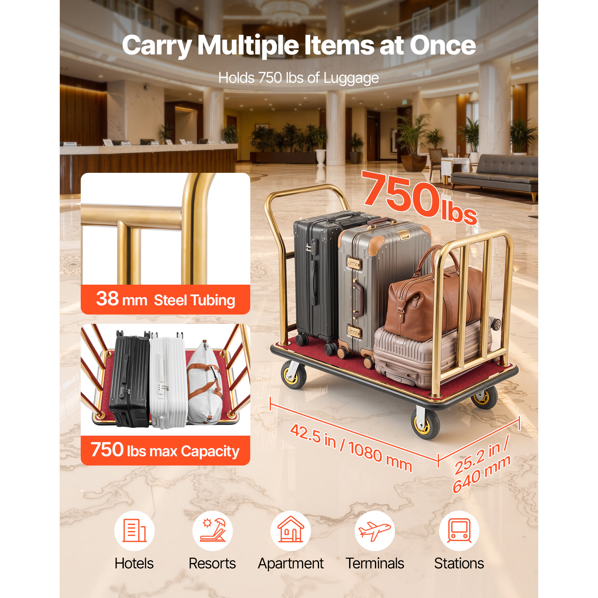 HONGGE Hotel Luggage Cart, Heavy Duty Bellman Cart with Stainless Steel Frame, Rubber Wheels, Carpeted Deck