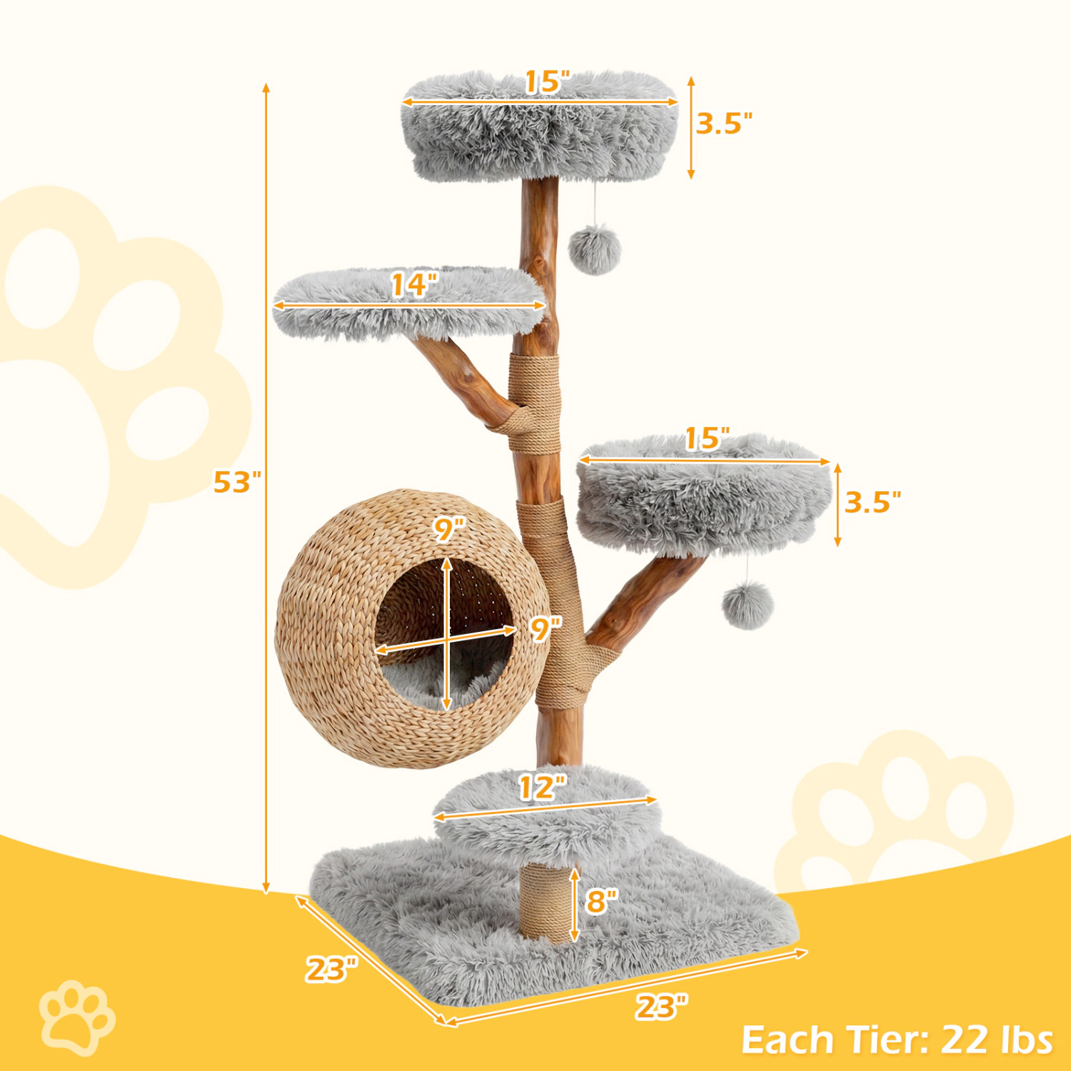 SUGIFT 52.7-in Gray 5-Tier Wooden Cat Tree Tower with Handwoven Condo and Jute Posts 23.2-in Square Base