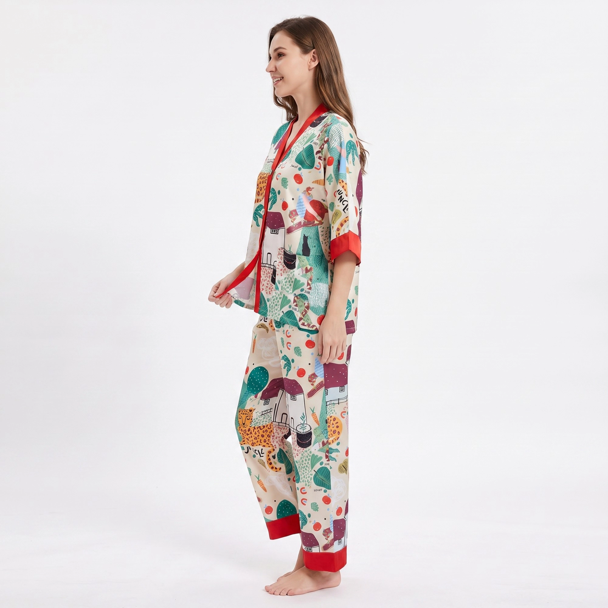 Anna-Kaci Women's 2-Piece Printed Pajama Set Button Front Short Sleeve Sleep Shirt and Long Pants