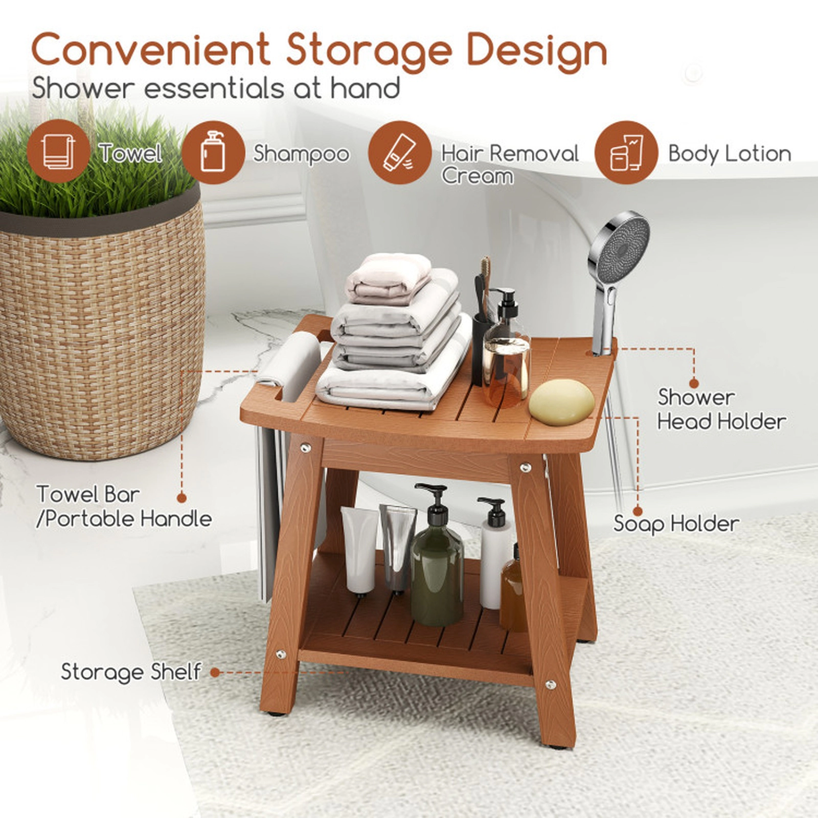 SUGIFT Sprayer Holder Soap Dish Storage Shelf Polystyrene Shower Bench 16-in x 12.5-in x 17-in 330-lb Capacity Brown