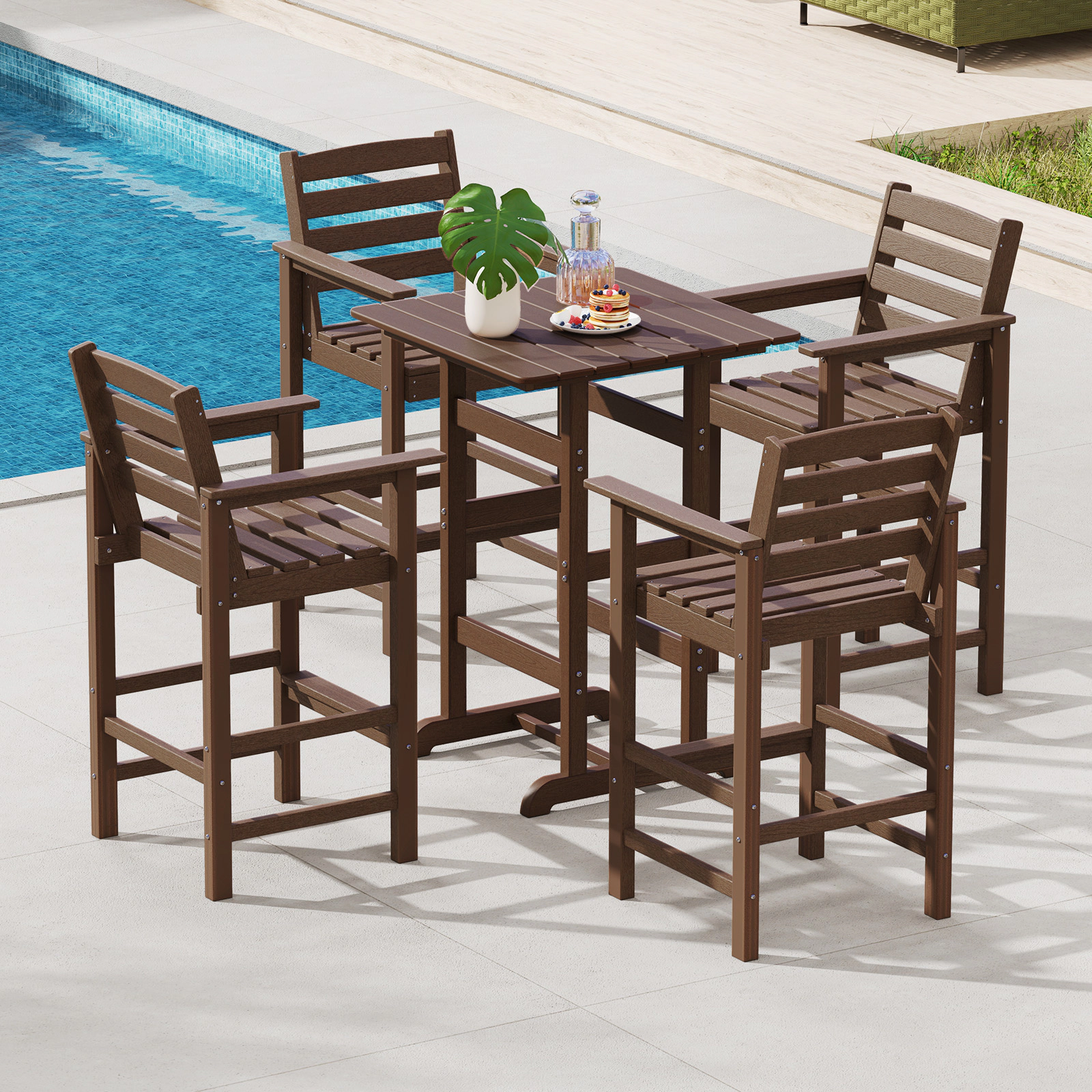LJG 30 Inch Square Bar Table Dining with Slatted Tabletop for Poolside