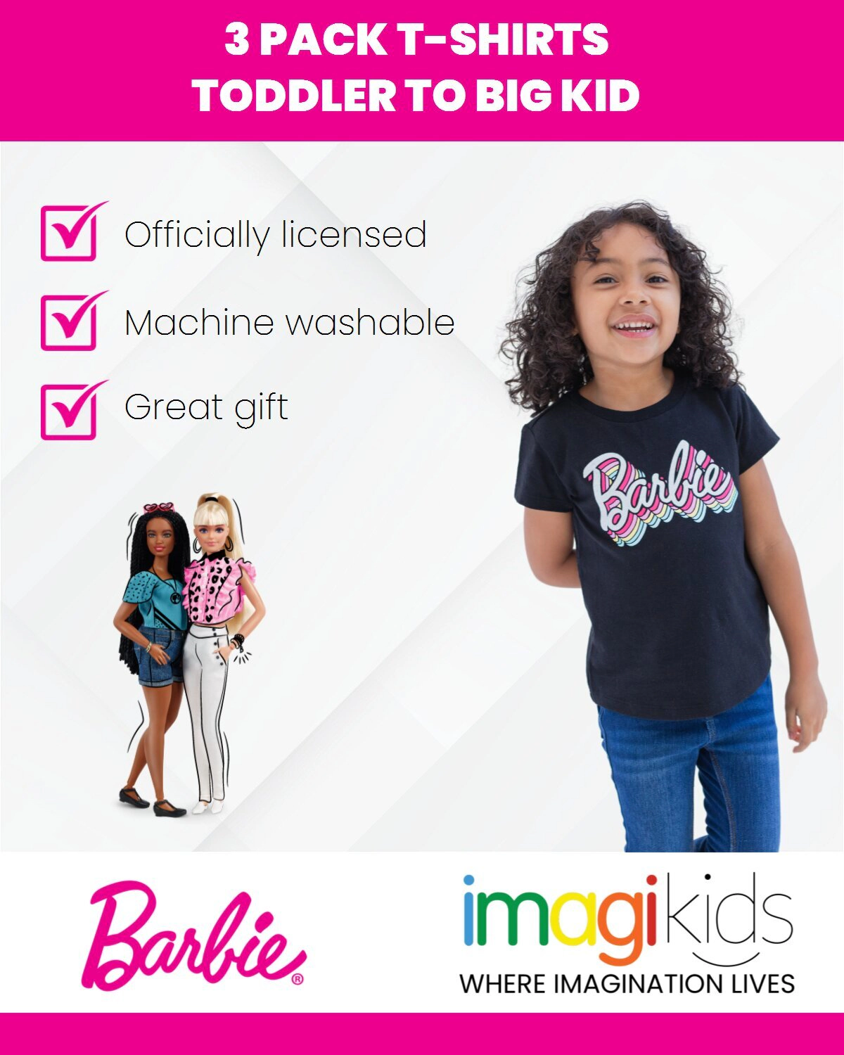 Barbie Girls' 3-Pack Short Sleeve T-Shirts