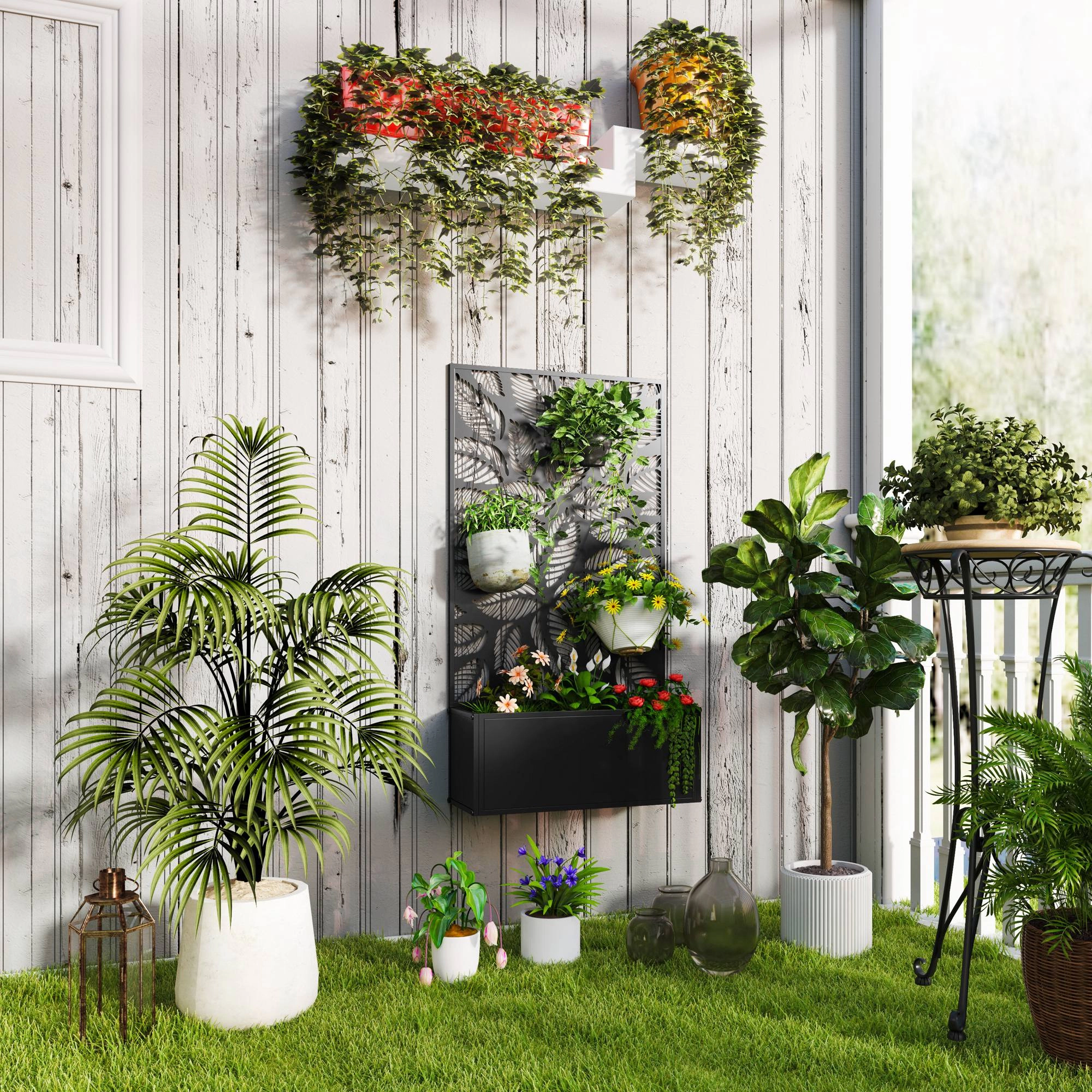 HONGGE Metal Garden Bed with Trellis for Climbing Plants, Freestanding or Wall Mounted Flower Bed for Garden, Patio