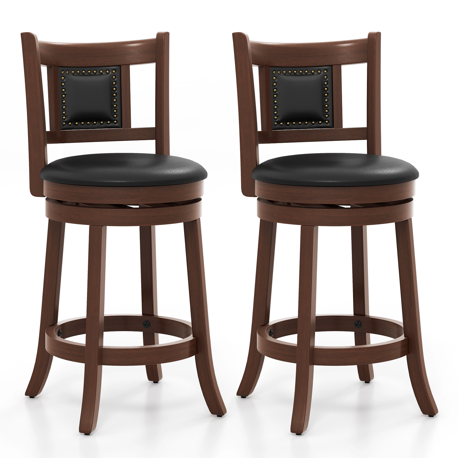 SUGIFT Swivel Upholstered Bar Stools Set of 2 with Curved Backrest and Footrest 250-lb Capacity Espresso & Black