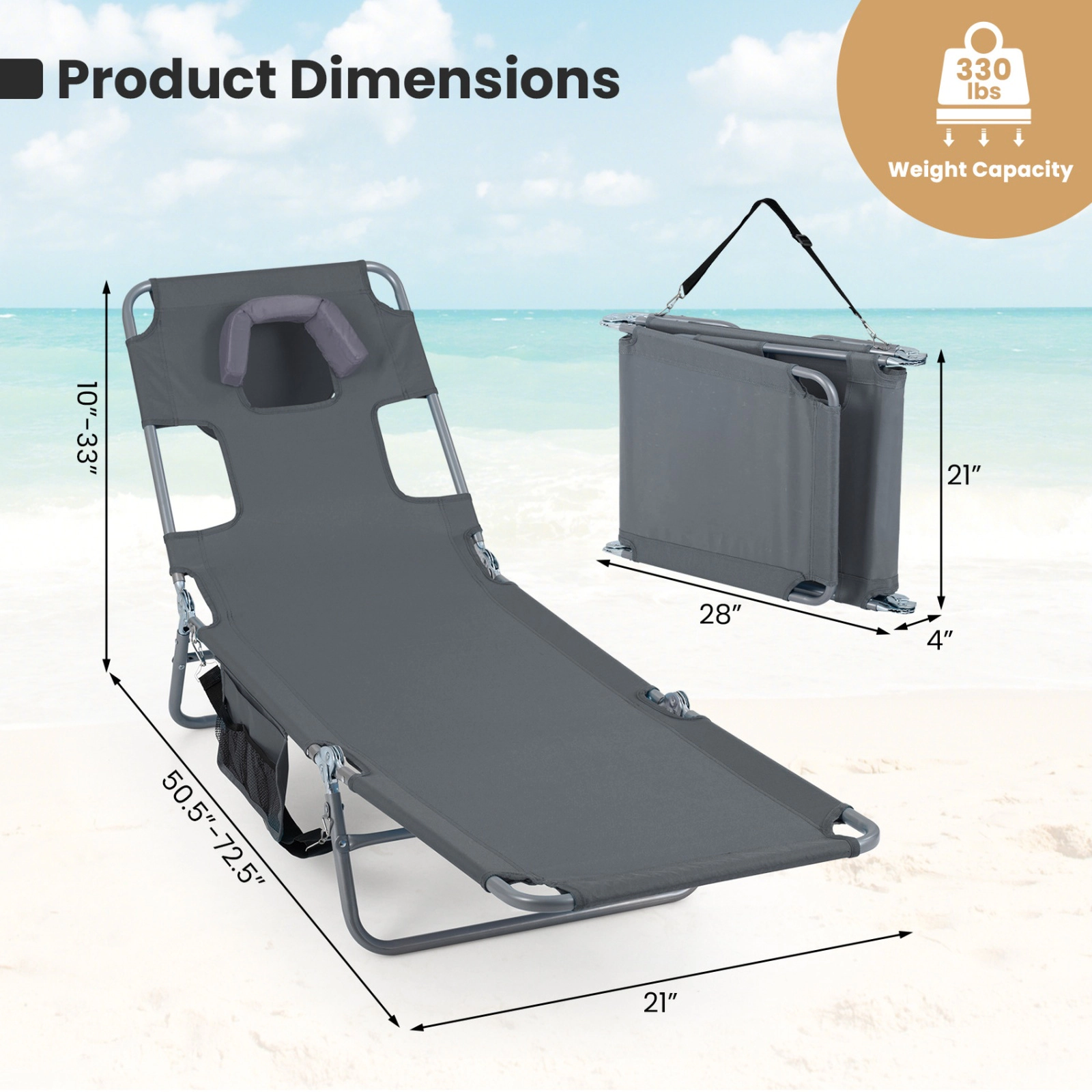 SUGIFT 5 Backrest Angles Face Hole Arm Slots and Carry Strap 330-lb Folding Beach Lounge Chair