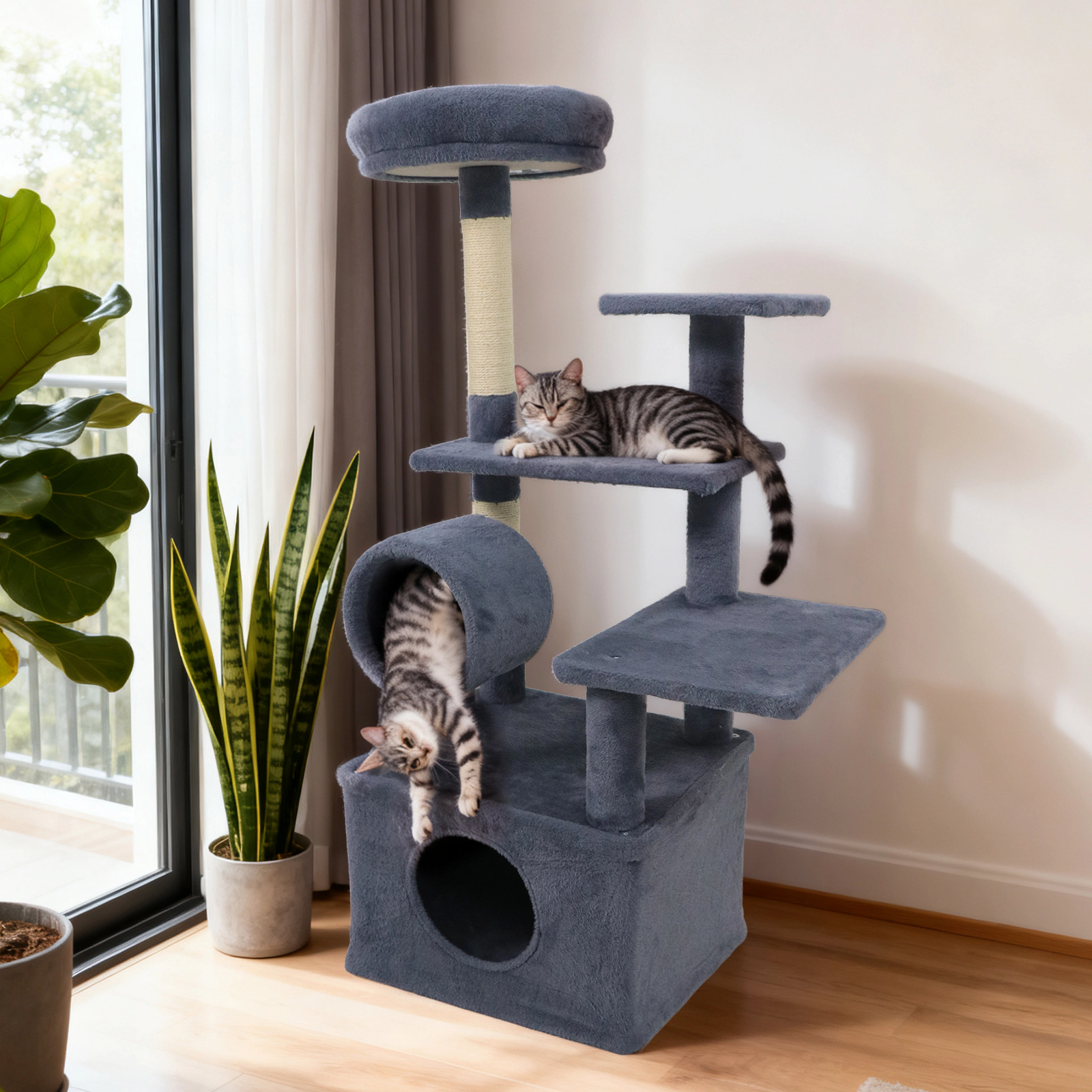 SUGIFT Gray 48 in Multi-Level Kitten Tower with Large Condo and Jute Scratching Posts