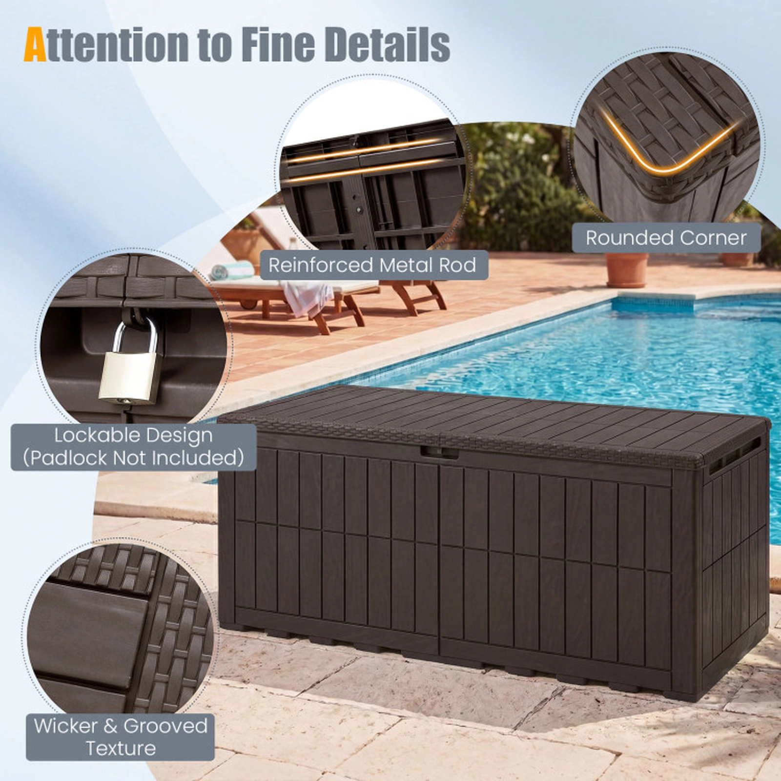 SUGIFT 180-Gallon Lockable Lift-Top PP Outdoor Patio Deck Storage Box 60.5-in x 28-in x 25-in 620-lb Seat Brown