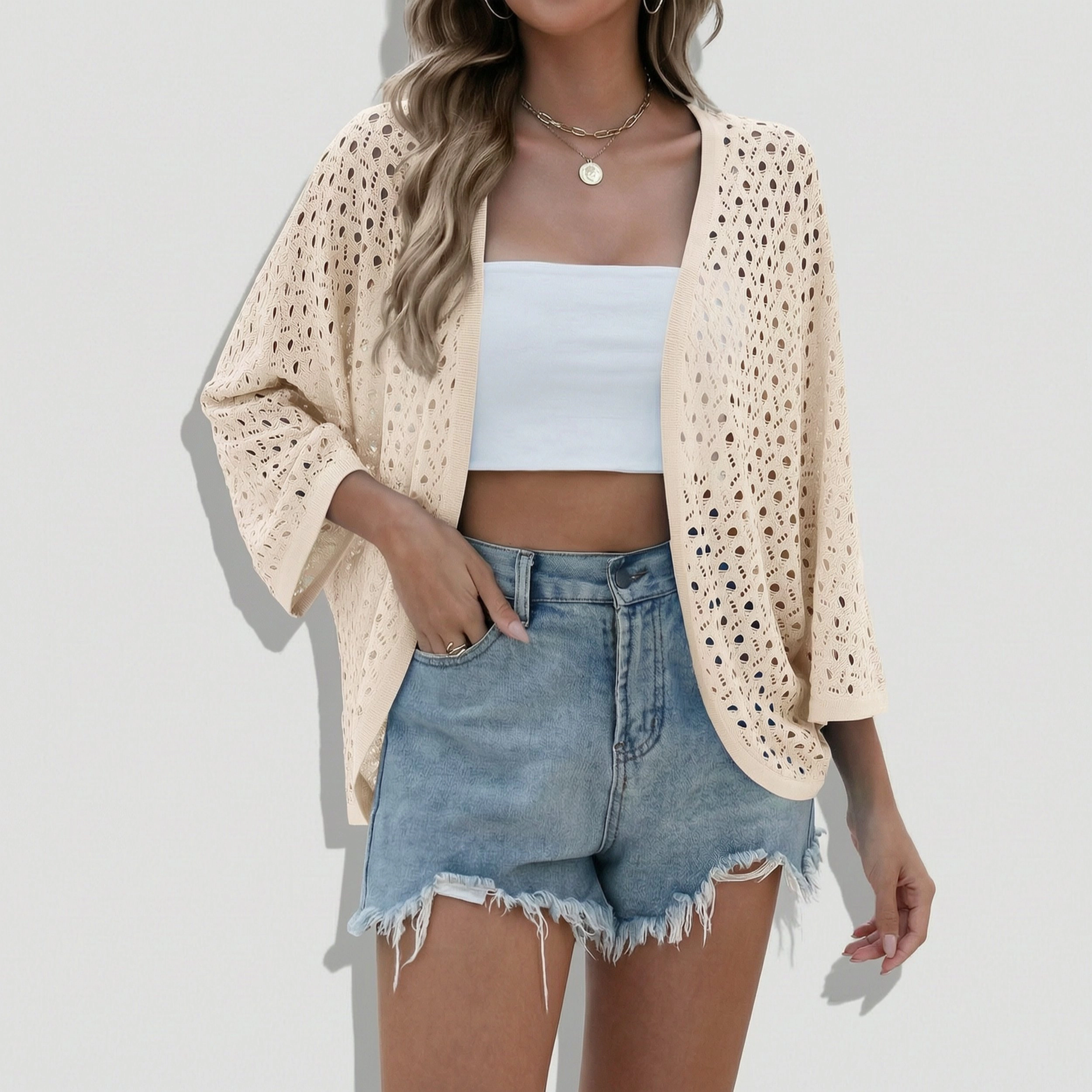 Zeagoo Women's 3/4 Sleeve Batwing Open Front Crochet Cardigan