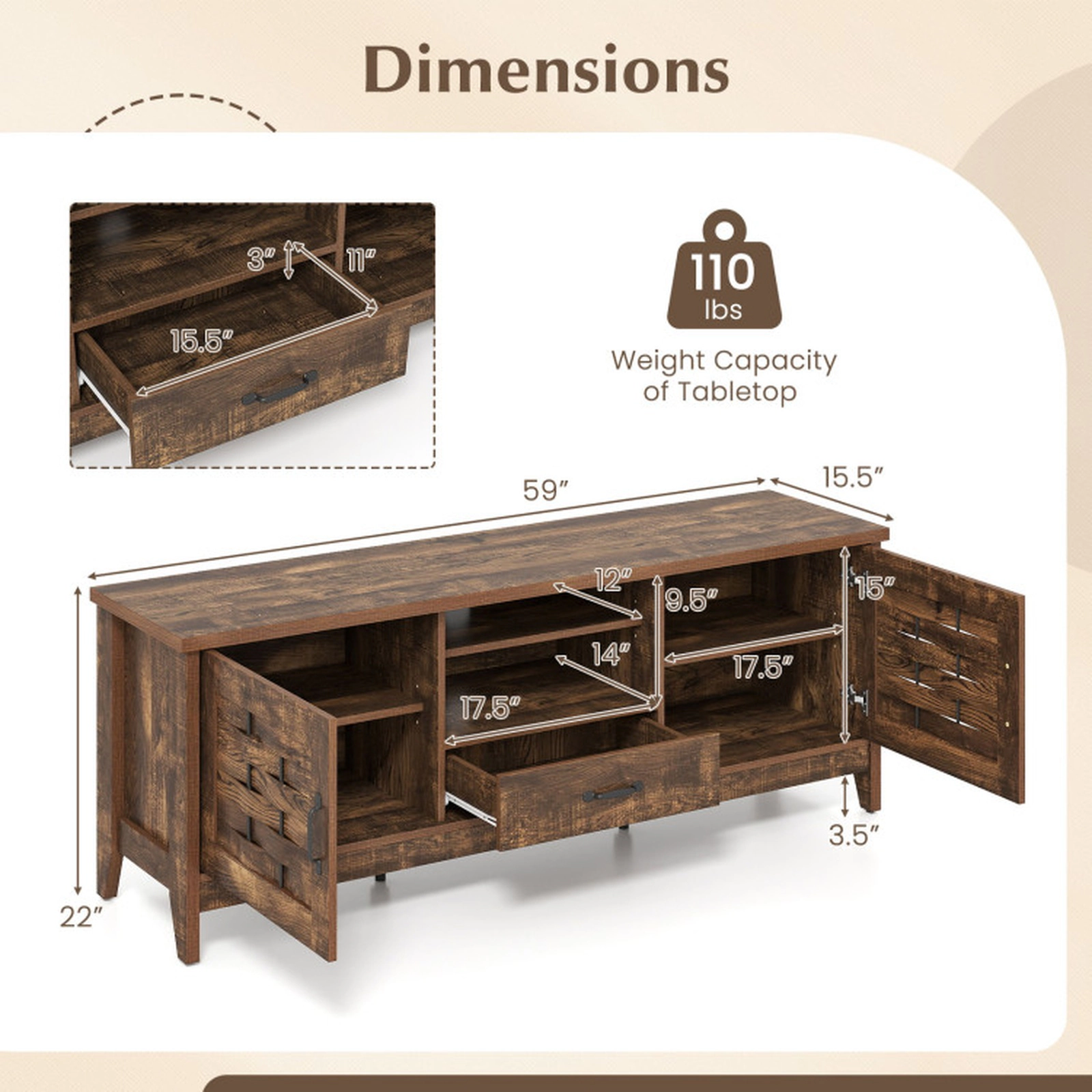 SUGIFT Rustic Brown Farmhouse TV Stand for TVs up to 65 in, Woven Doors, Drawer and Adjustable Shelves