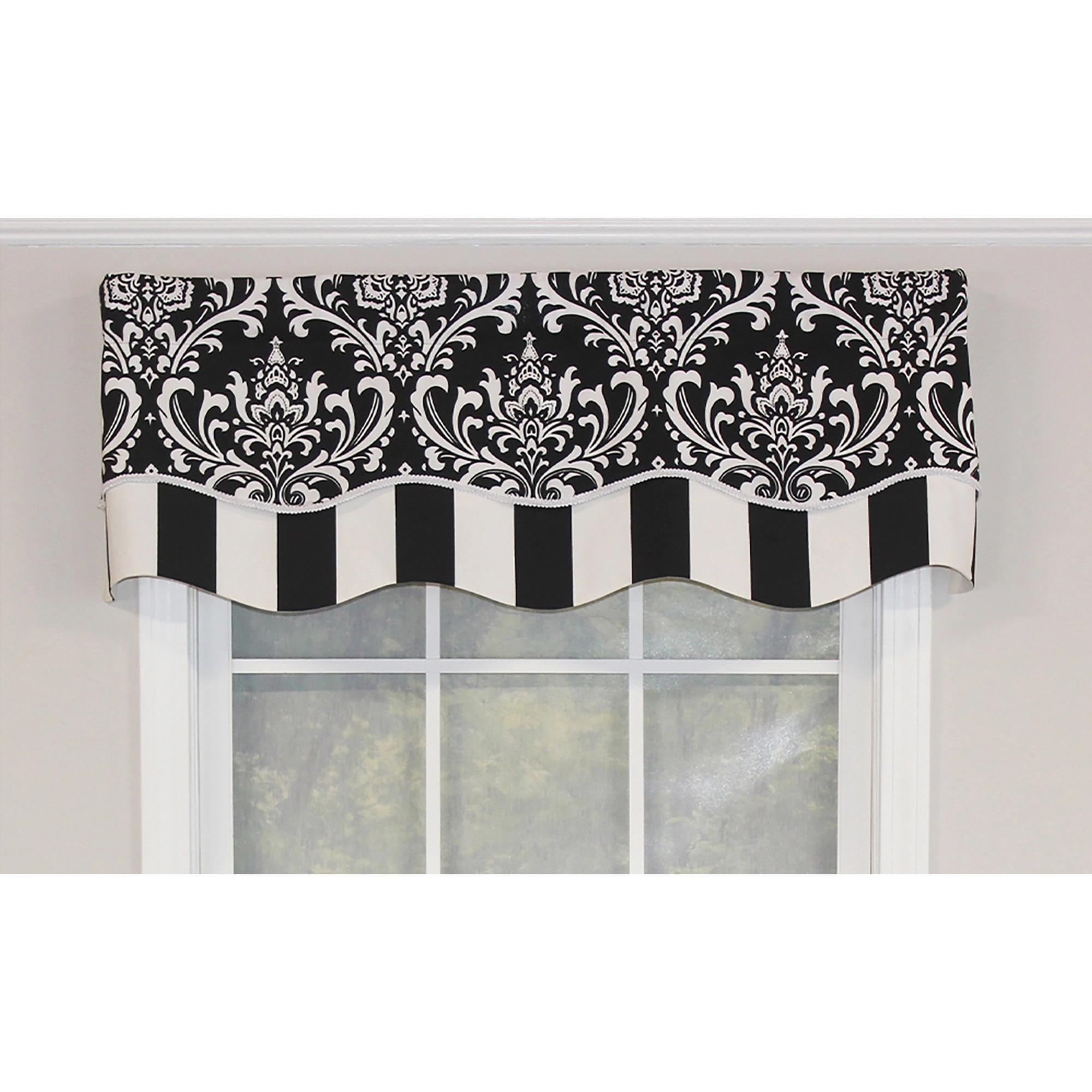 RLF Home Ozbourne Glory Valance Black. 3" Rod Pocket, Layered, Trimmed. 50"W X 16"L