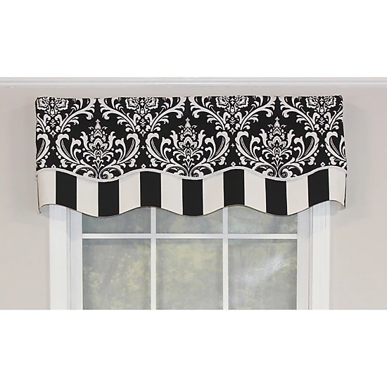 RLF Home Ozbourne Glory Valance Black. 3" Rod Pocket, Layered, Trimmed. 50"W X 16"L