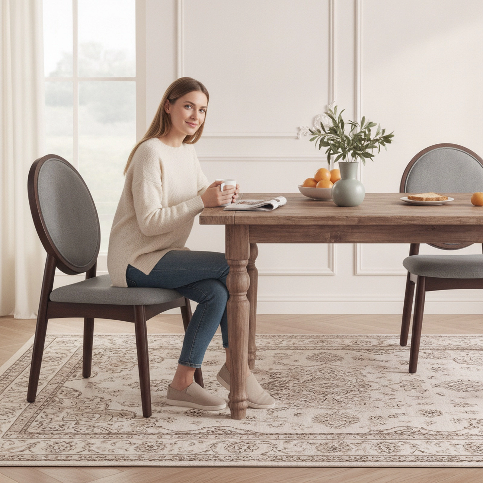 SUGIFT Set of 2 Gray Linen Padded Dining Chairs, 17.5-in Seat, Rubber Wood Legs