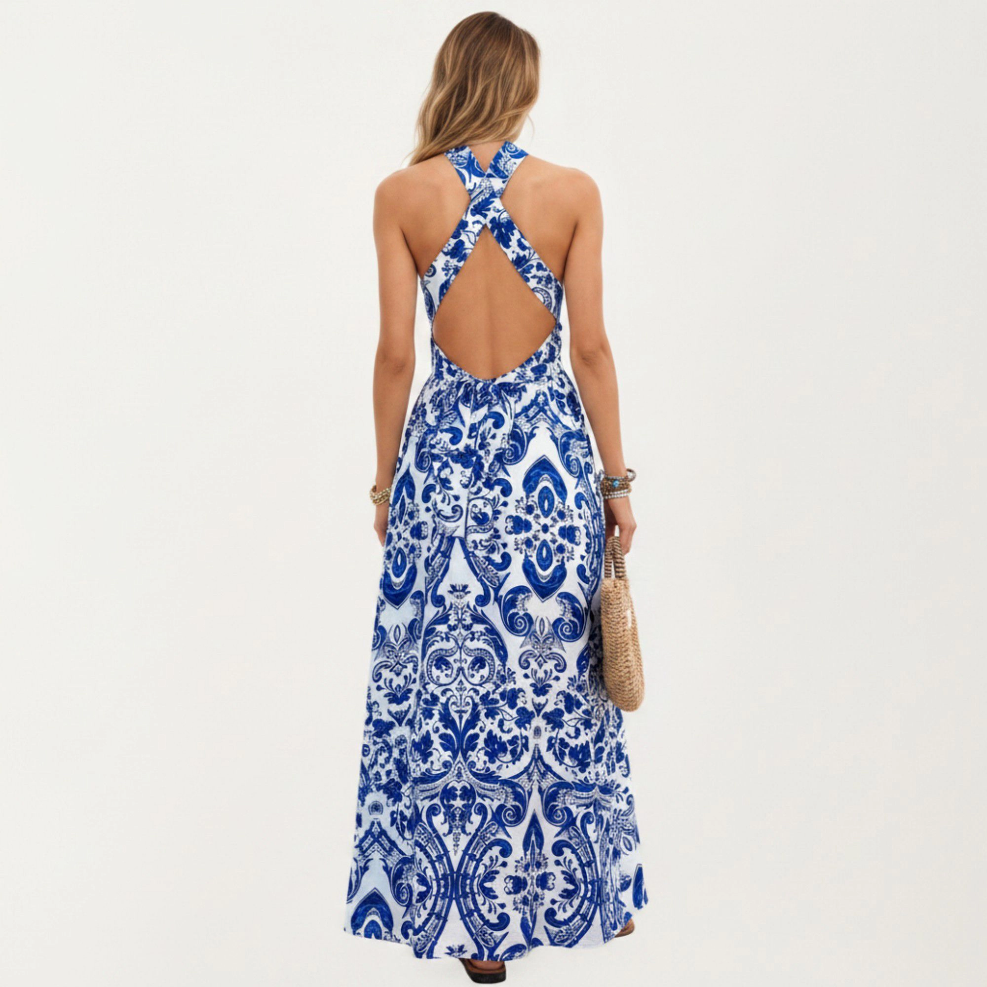 Anna-Kaci Women's Mediterranean Tile Print Halter Criss-Cross Back Maxi Dress