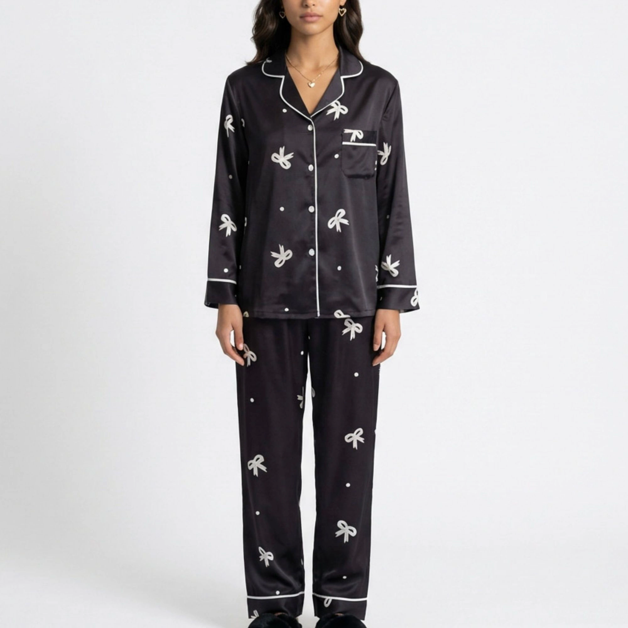 Anna-Kaci Women's Printed Satin Pajama Set with Button Up Long Sleeve Top and Piping Detail