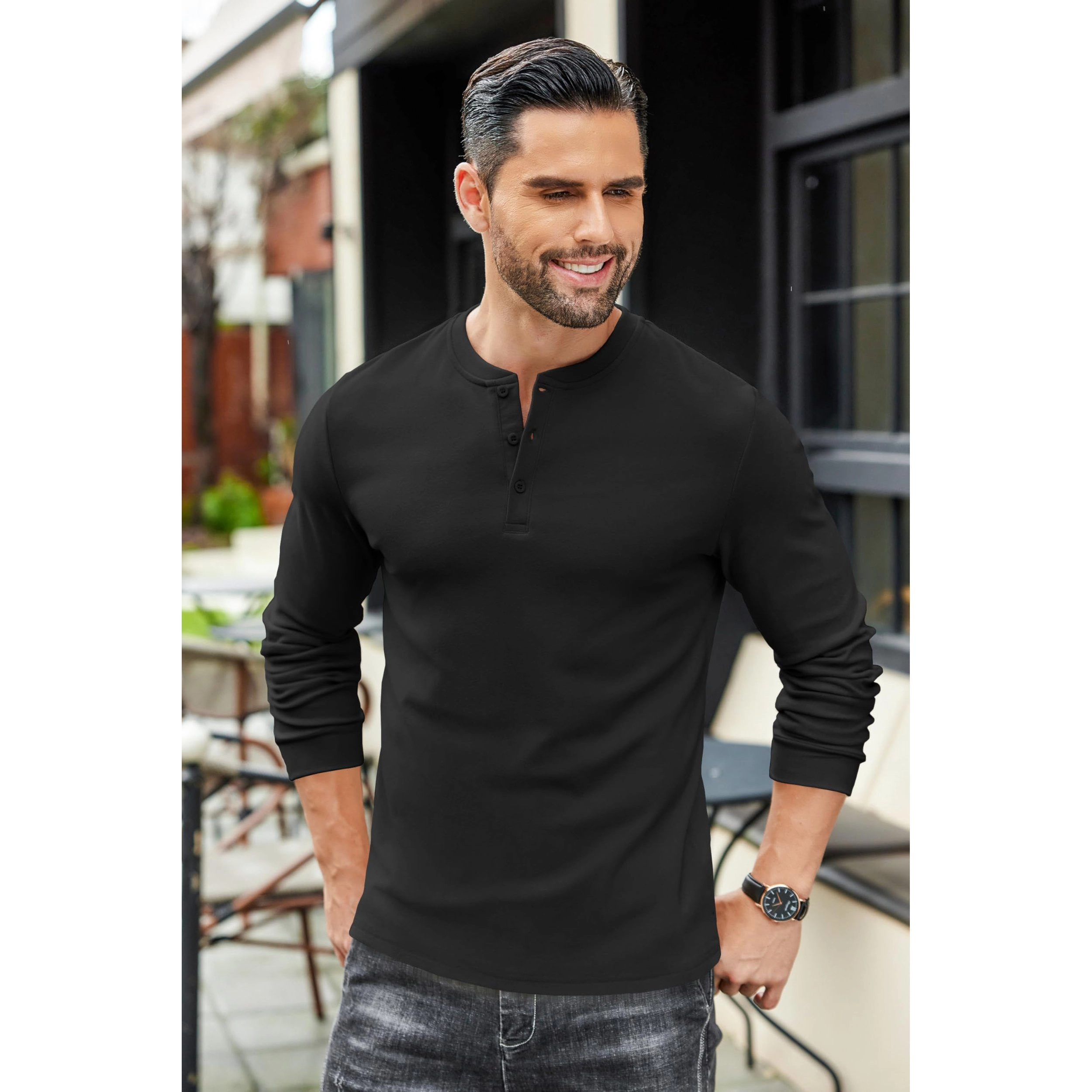 COOFANDY Mens Classic Long Sleeve Henley Shirt Button Placket Band Neck Fall Tops