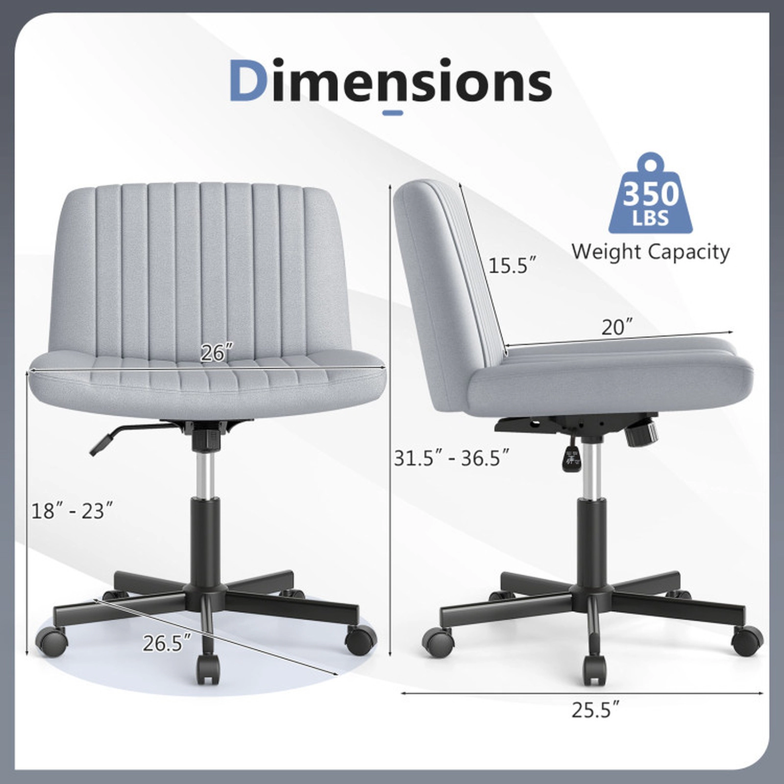 SUGIFT 350-lb Capacity Gray Armless Criss Cross Legged Swivel Desk Chair with Wheels and Wide Linen Seat