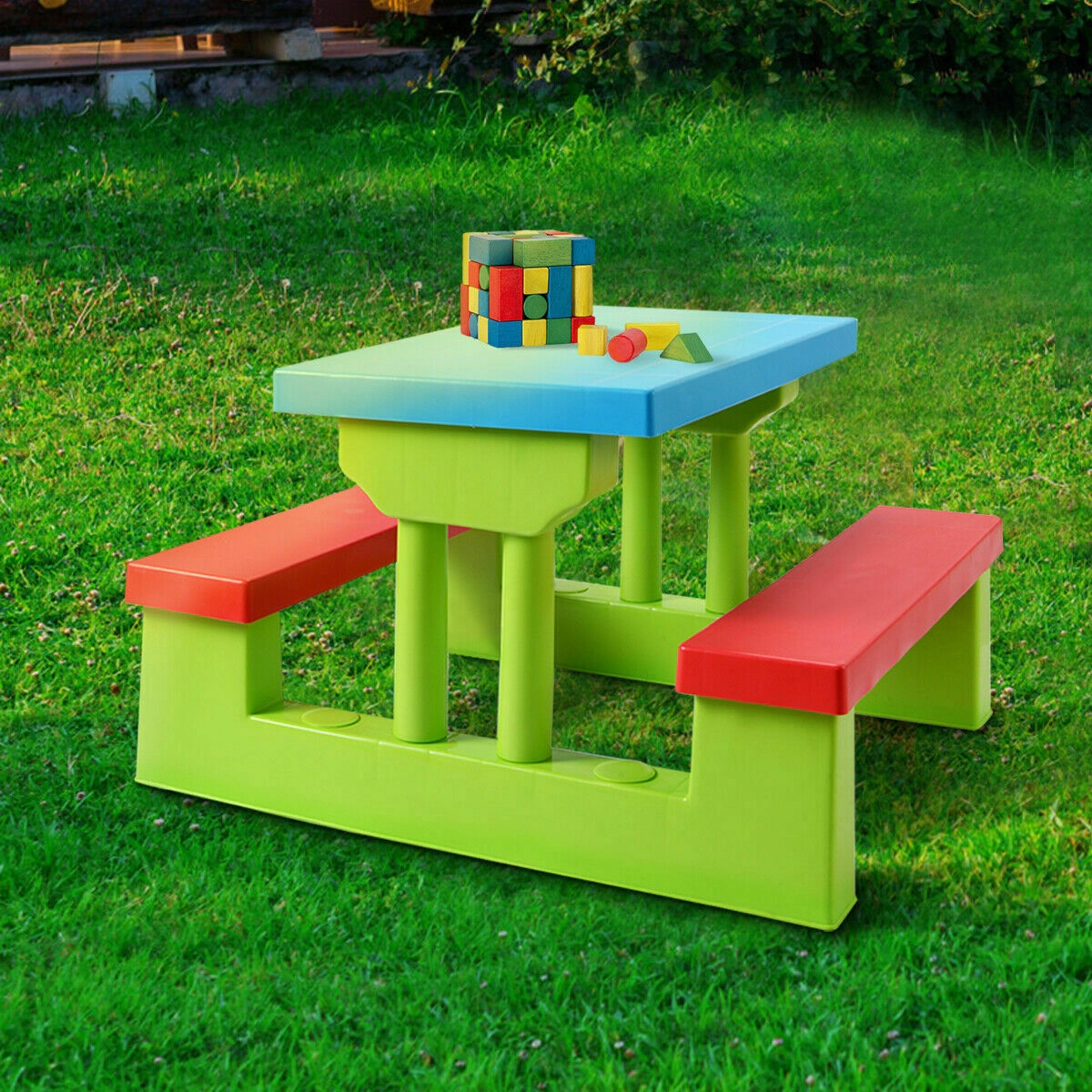 SUGIFT Multicolor Umbrella 4 Seats PP Kids Folding Picnic Table and Bench Set