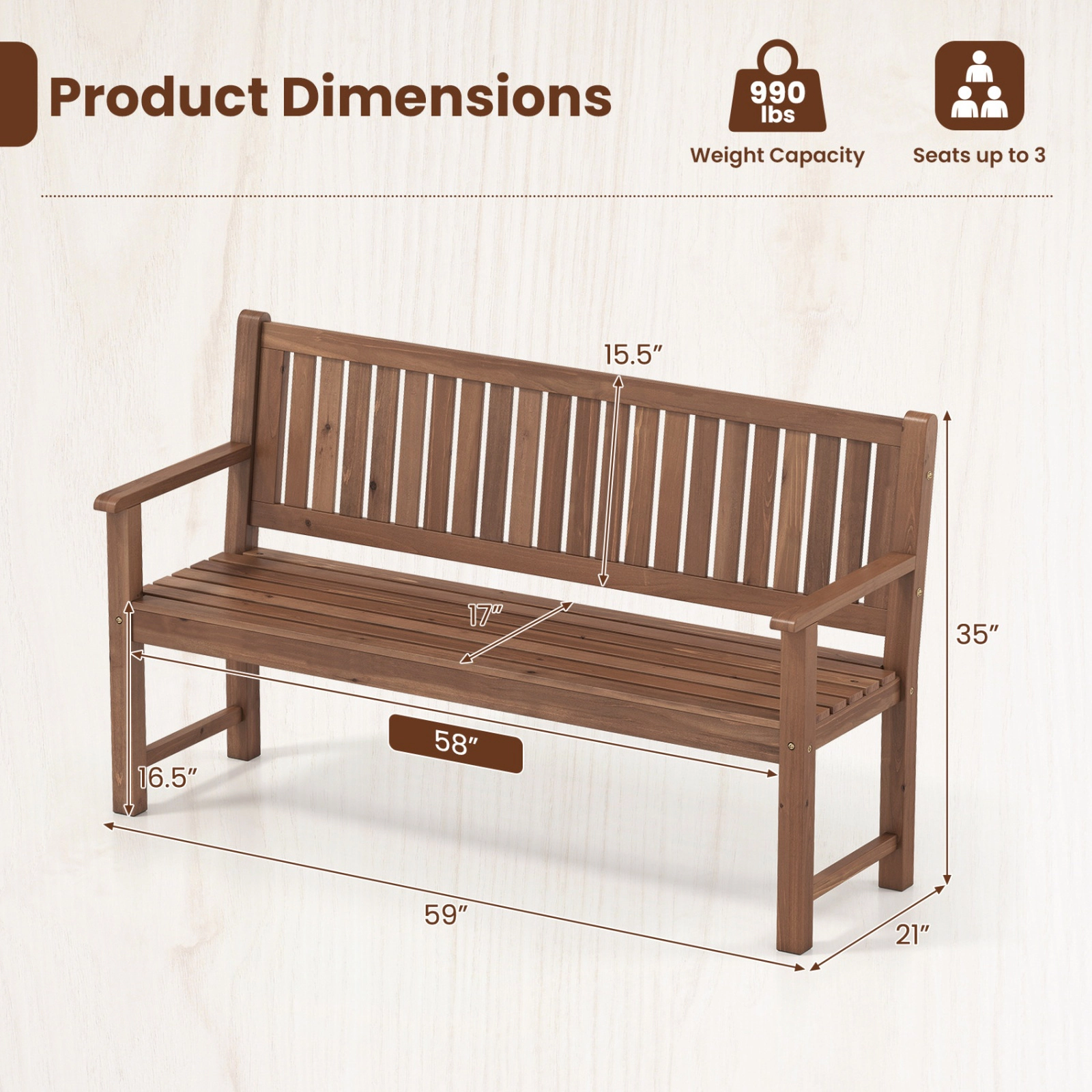 SUGIFT 3-Seater Outdoor Garden Bench 990-lb Capacity with Backrest Brown/Natural