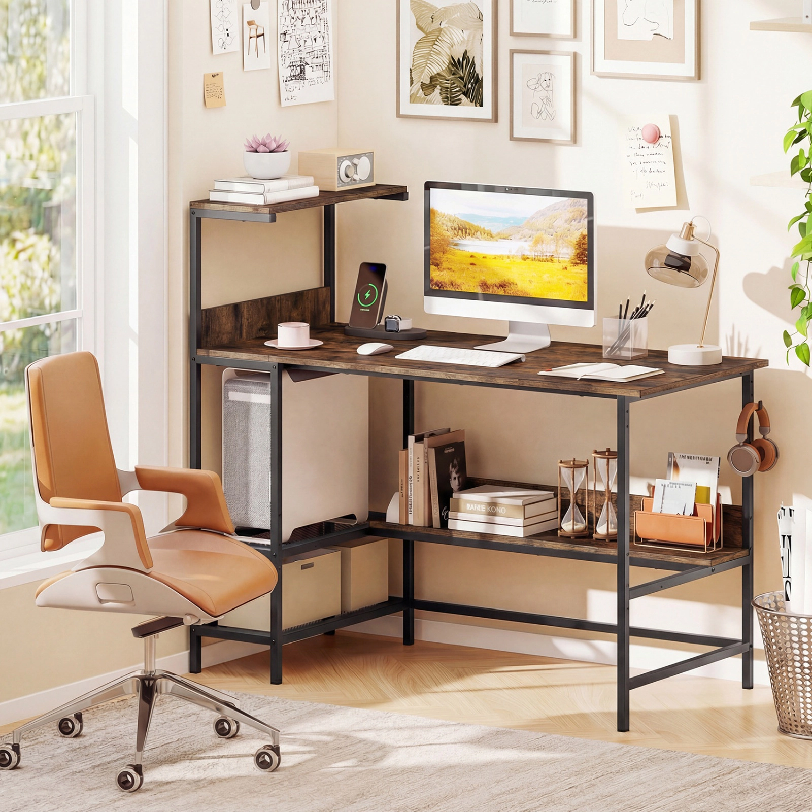 SUGIFT 48-Inch Rustic Brown Computer Desk with 3-Tier Storage Tower and Mesh Shelves