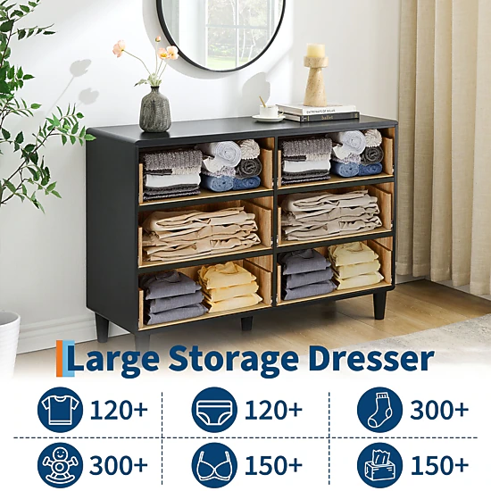 BebreezChic 6 Drawer Wide Dresser 47"L ×14"W ×32"H Bedroom Storage Chest, Burl Wood & Black Finish