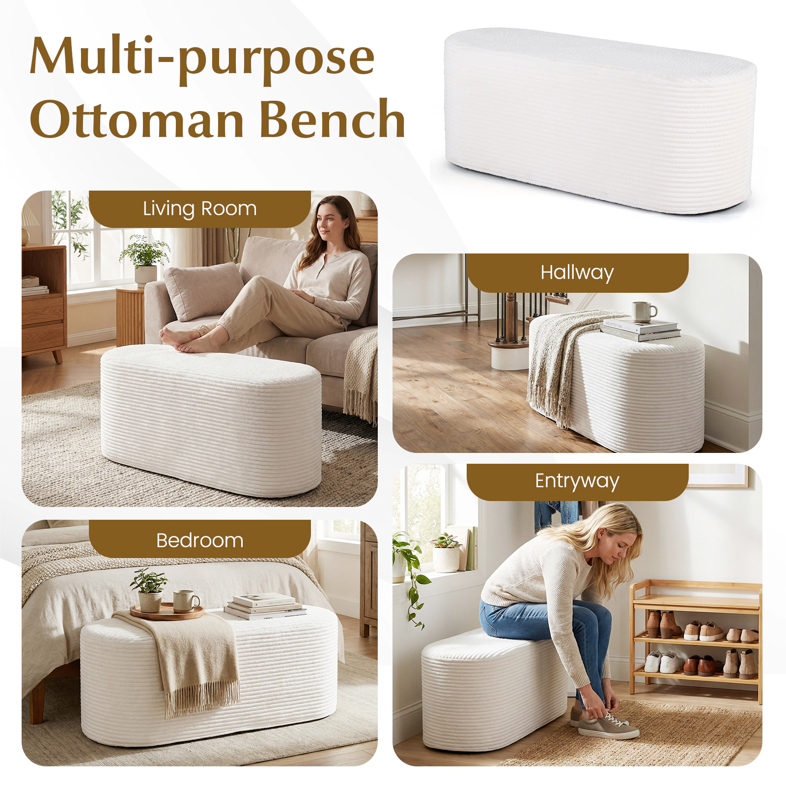 Glintex 47-Inch Oval Corduroy Ottoman Bench with Detachable Cover, Ivory