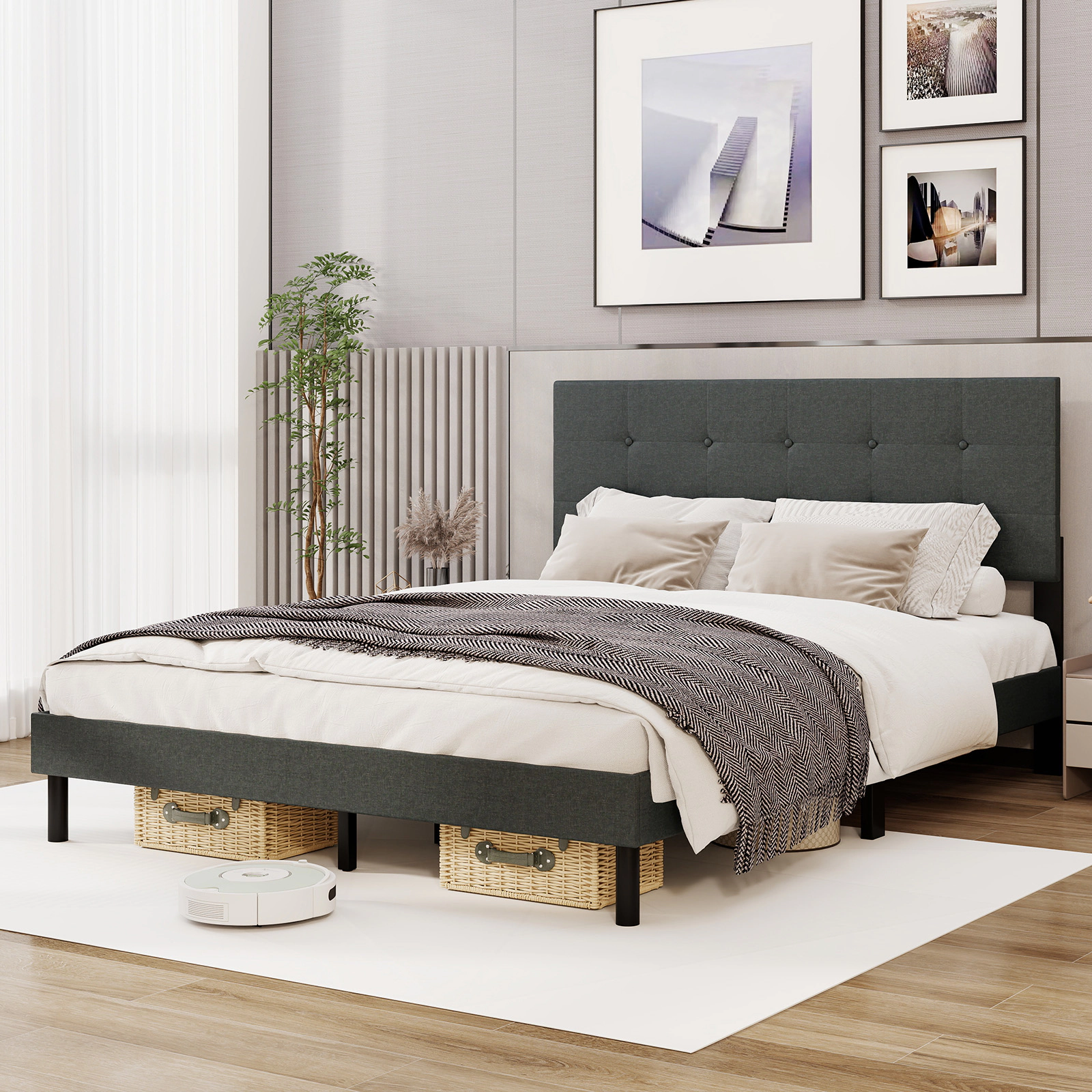 SUGIFT Queen Size Upholstered Linen Platform Bed Frame with Headboard 800-lb Capacity 84-in Frame Dark Gray