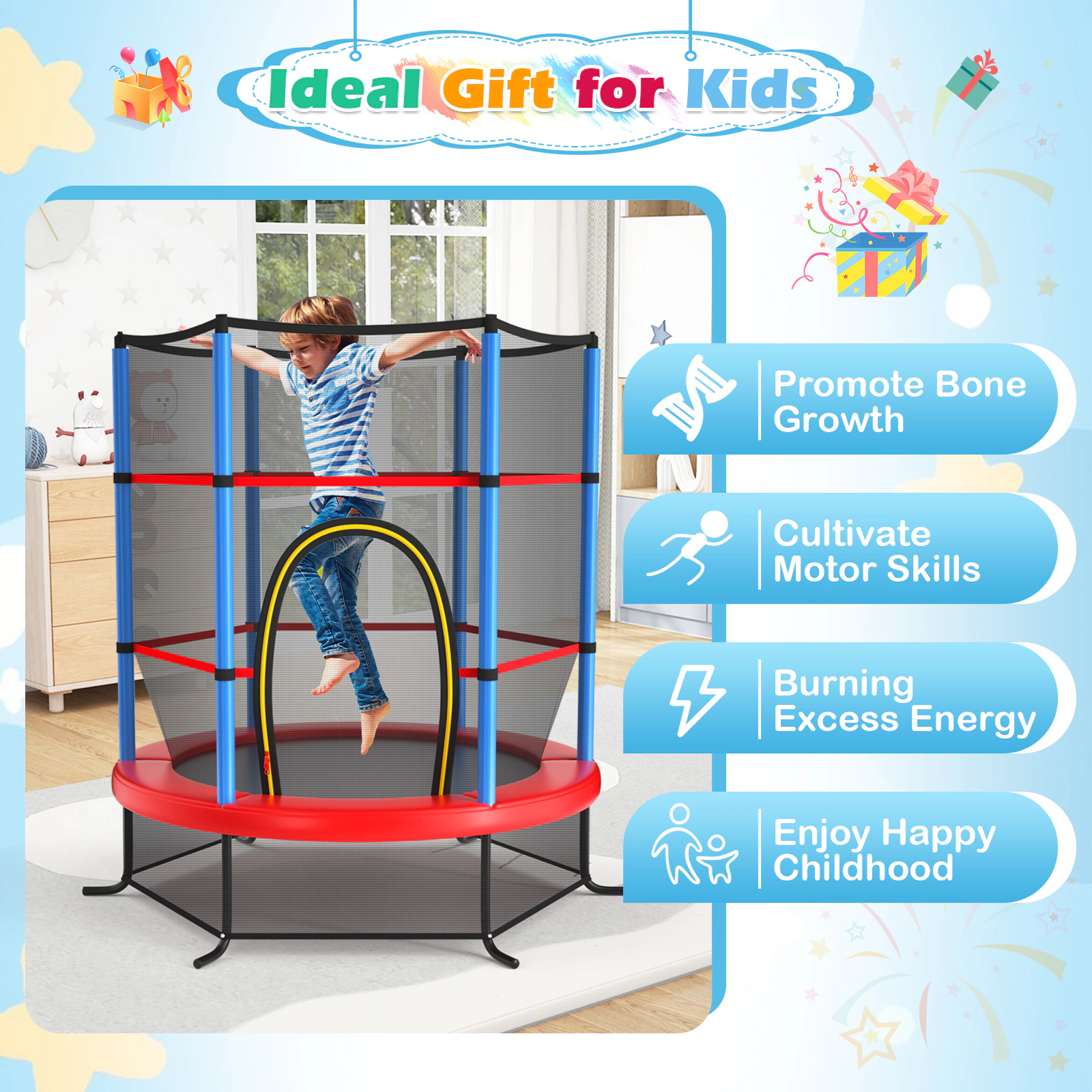 LJG 55 Inch Kids Recreational Trampoline Bouncing Jumping Mat with Enclosure Net